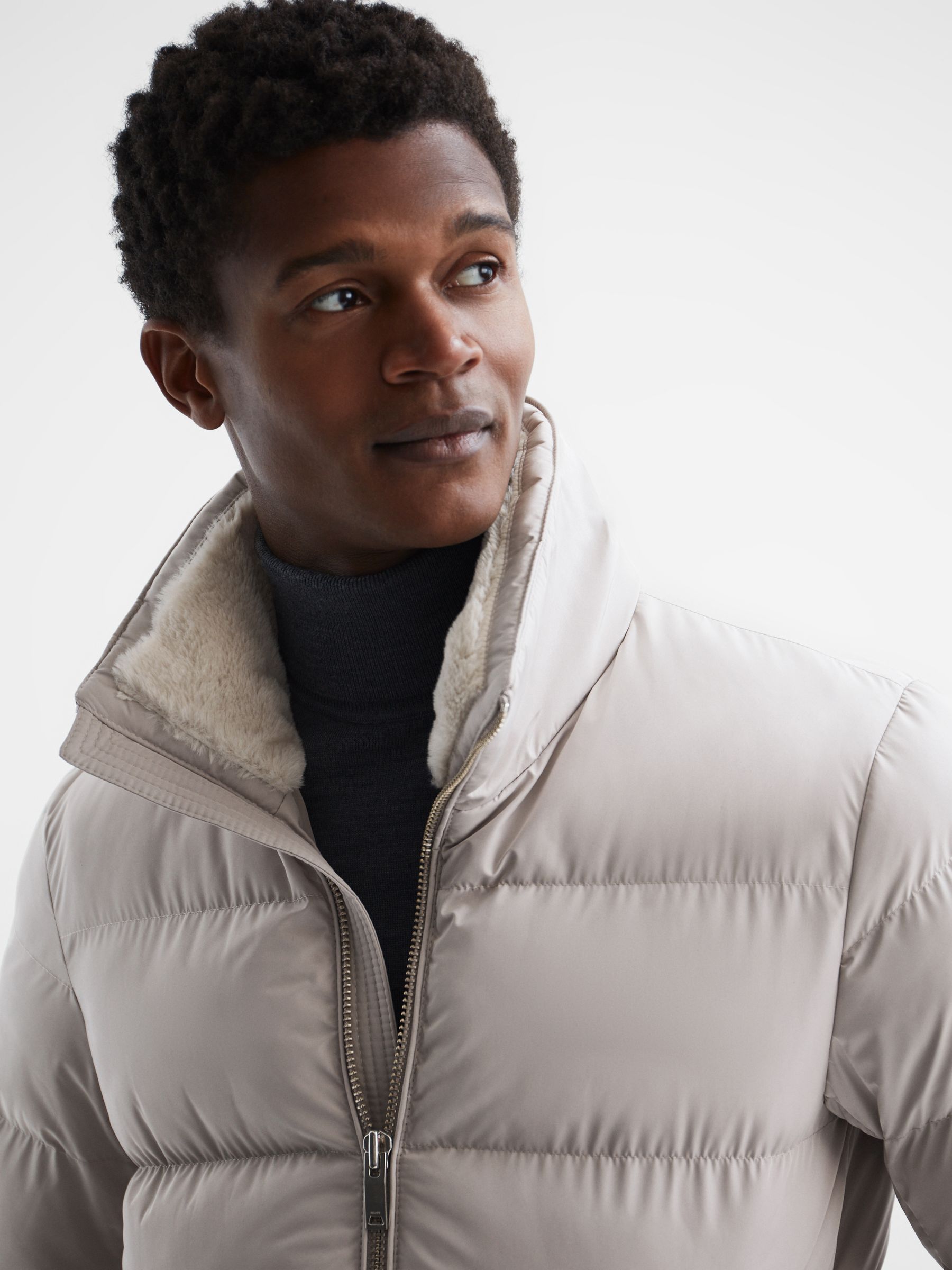 Faux Fur Trim Puffer Jacket in Stone - Image 6 of 6