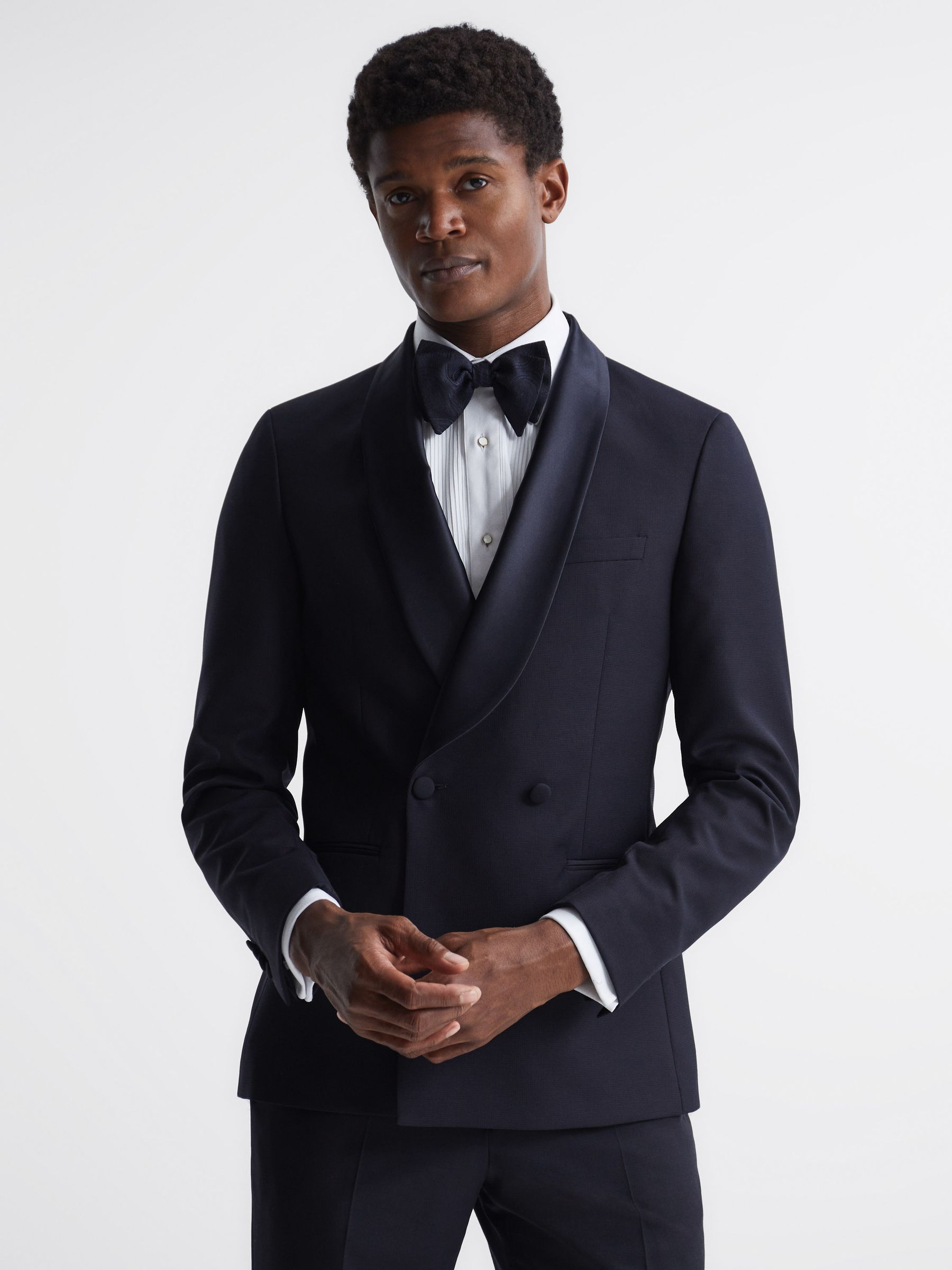 Double Breasted Satin Shawl Blazer in Navy - Image 1 of 10