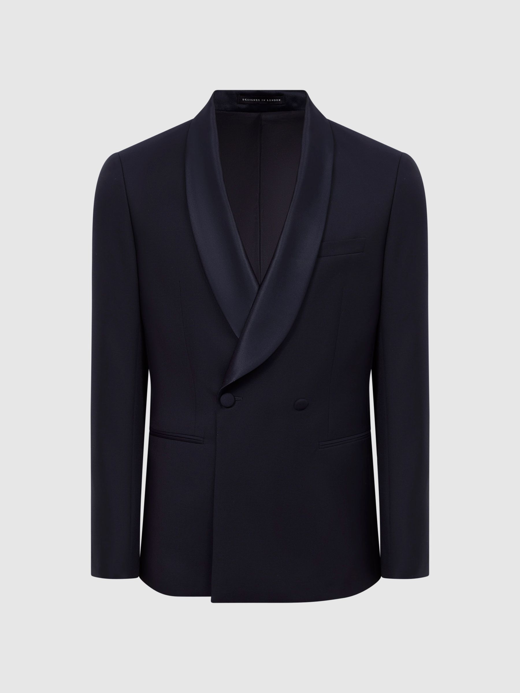 Double Breasted Satin Shawl Blazer in Navy - Image 2 of 10
