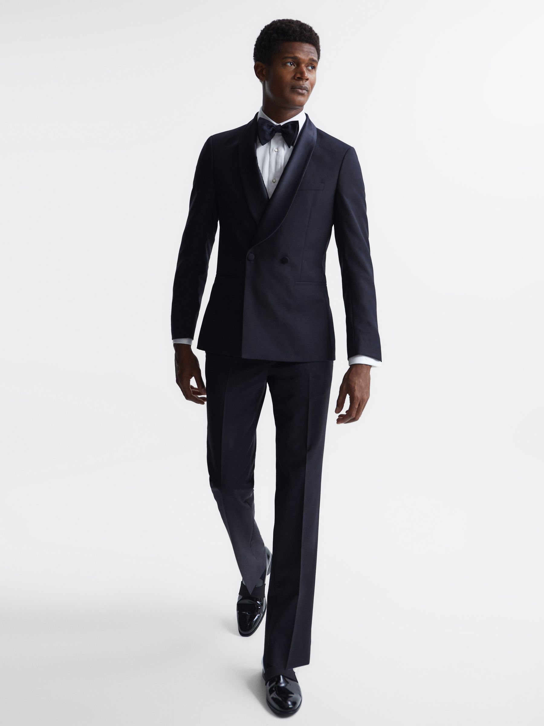 Double Breasted Satin Shawl Blazer in Navy - Image 3 of 10