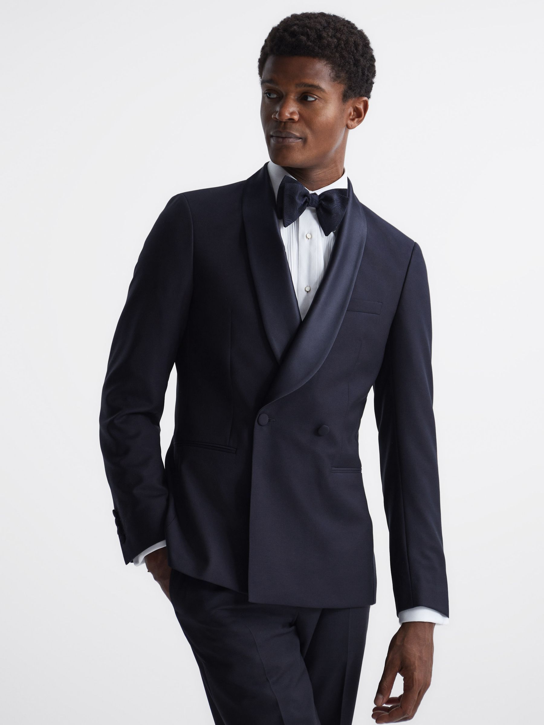 Double Breasted Satin Shawl Blazer in Navy - Image 6 of 10