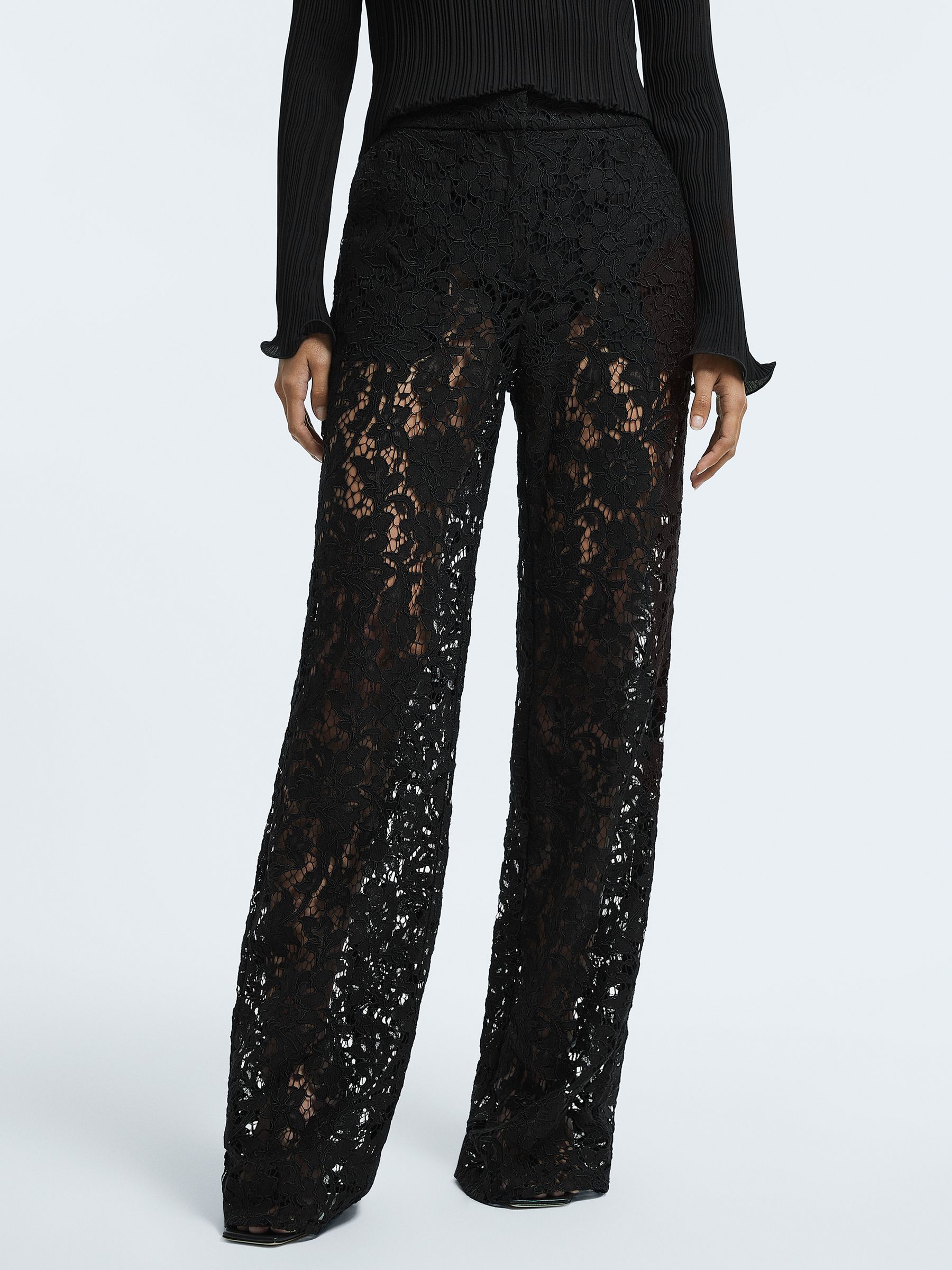 Sheer Lace Wide Leg Trousers in Black - Image 4 of 7
