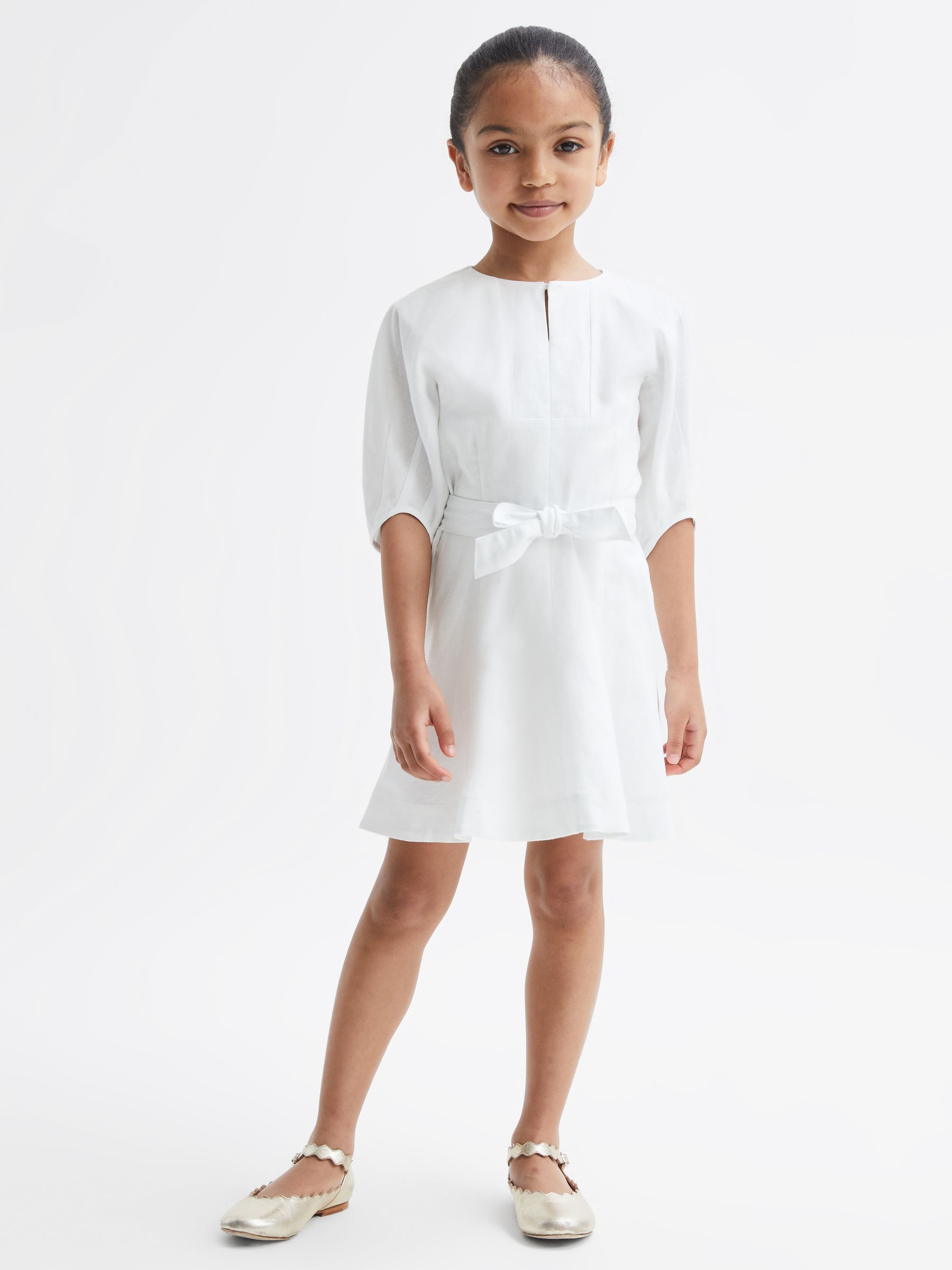 9-12 yrs Heart Print Linen Mini Dress in Ivory - Image 3 of 7