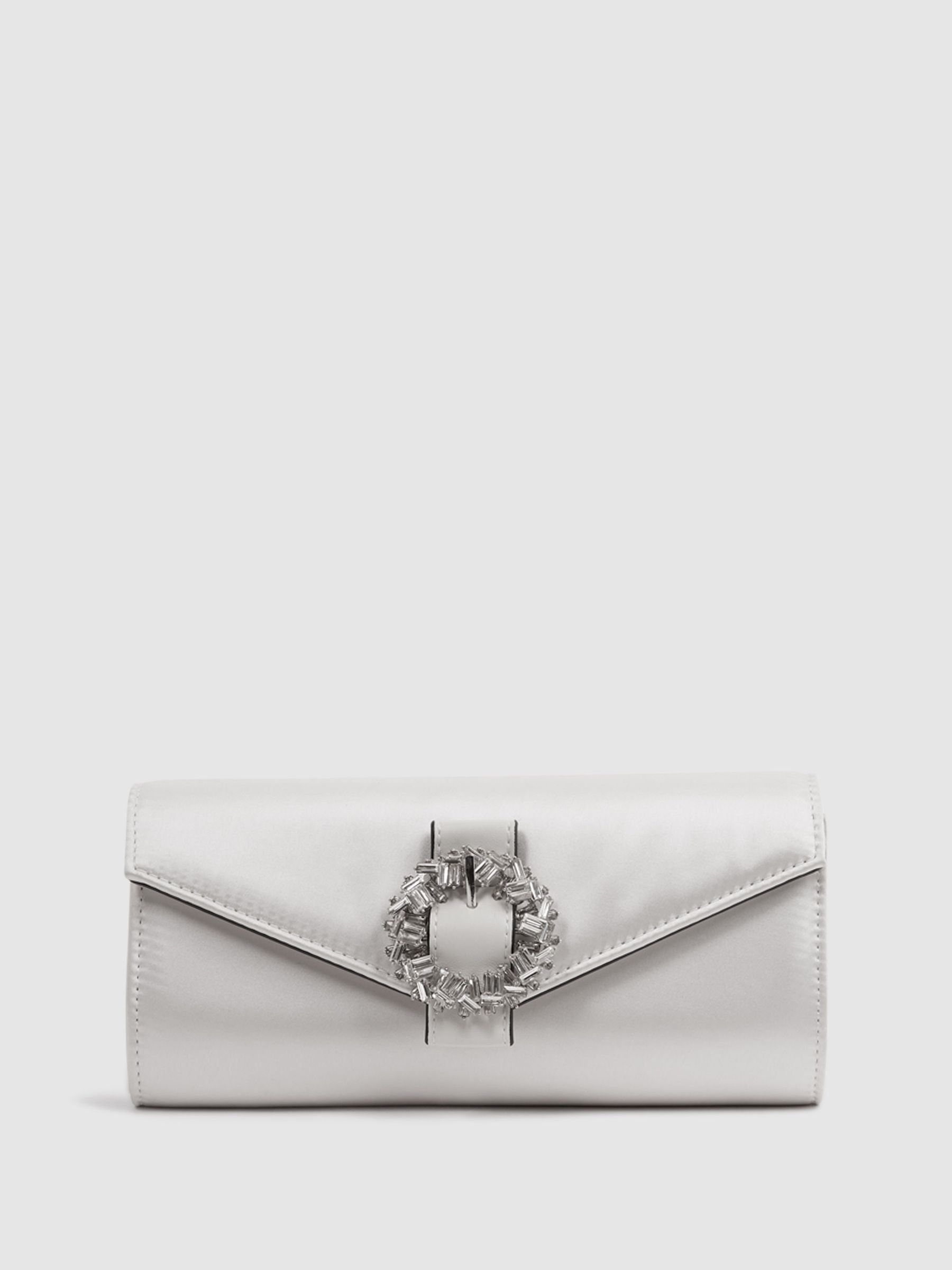 Diamanté Buckle Satin Clutch in Off White - Image 1 of 6 Diamanté Buckle Satin Clutch in Off White - Image 1 of 6