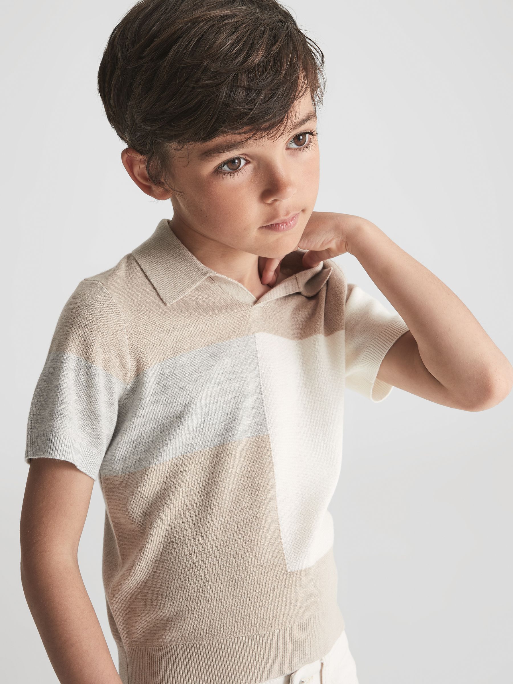 Senior Open Collar Colourblock Polo T-Shirt in Natural - Image 1 of 8