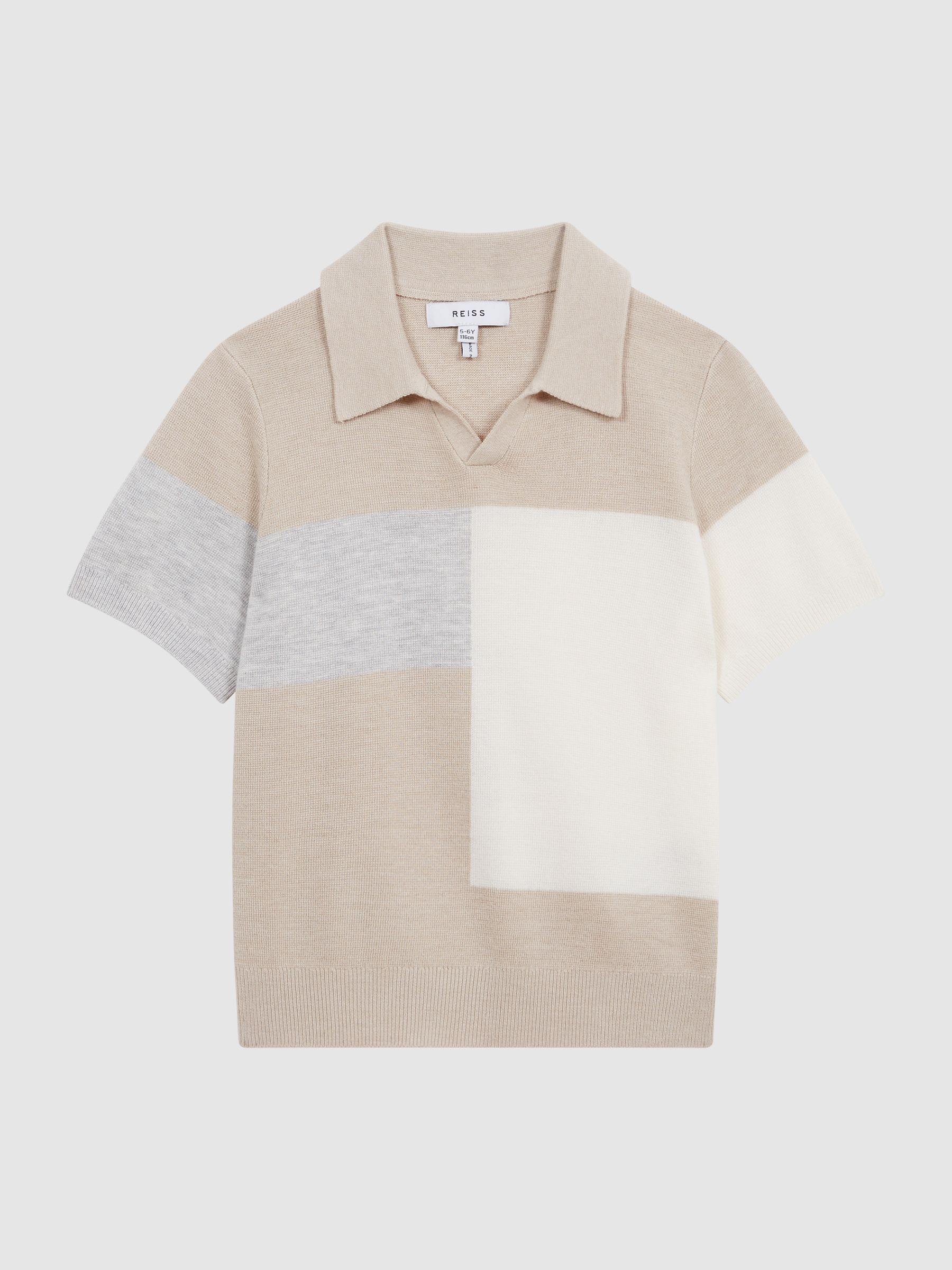 Senior Open Collar Colourblock Polo T-Shirt in Natural - Image 2 of 8
