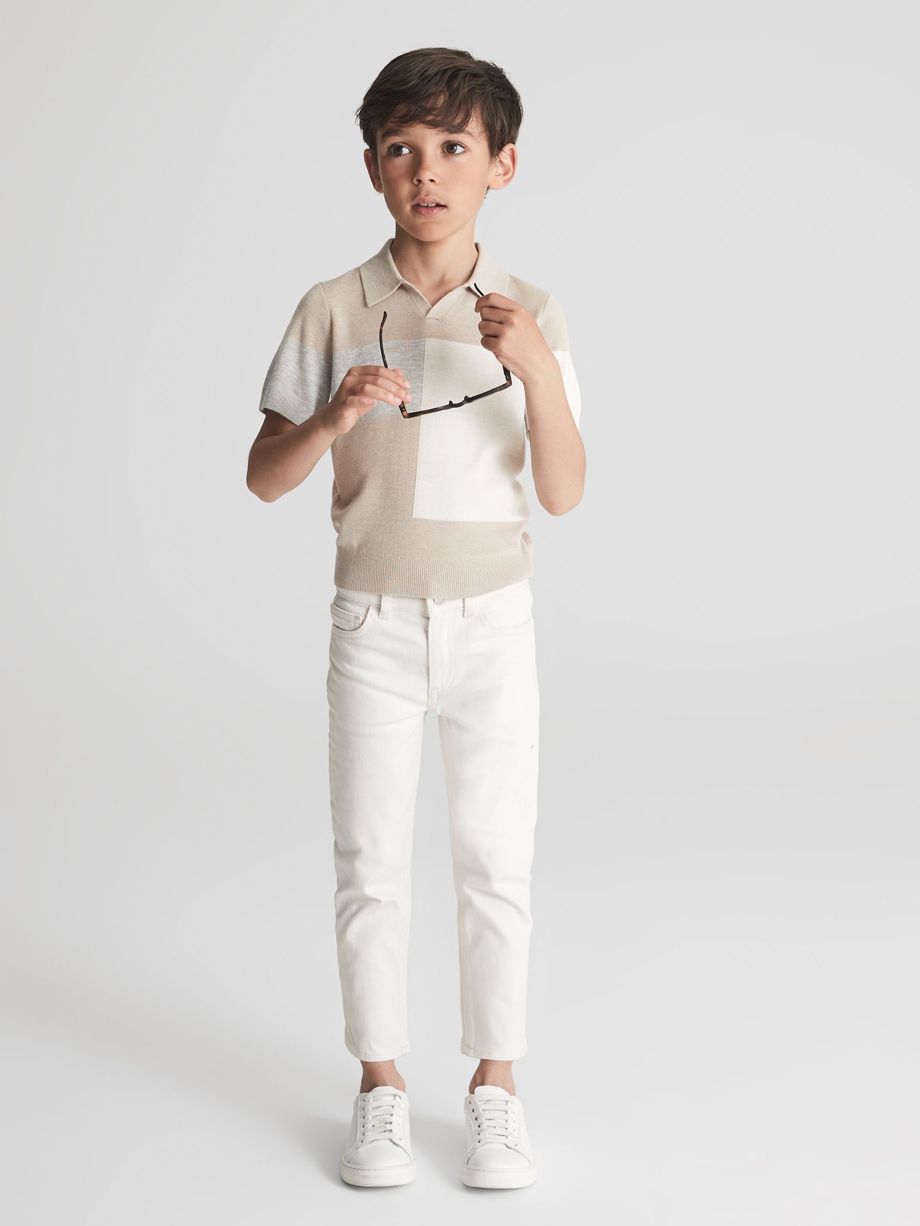 Senior Open Collar Colourblock Polo T-Shirt in Natural - Image 3 of 8