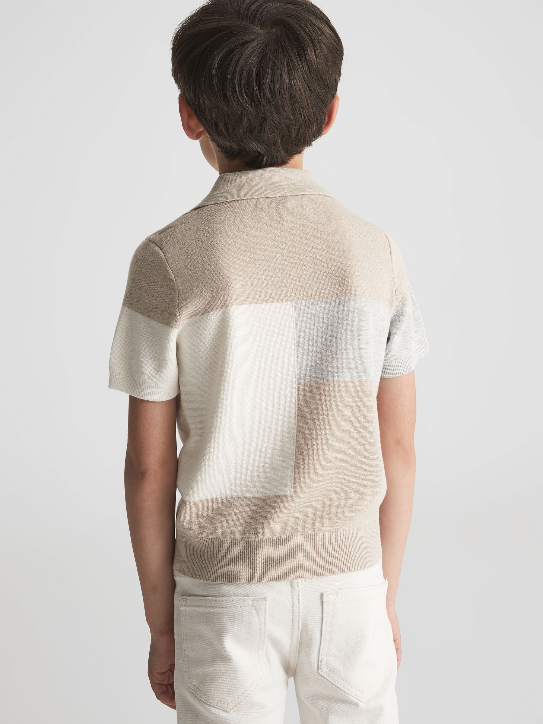 Senior Open Collar Colourblock Polo T-Shirt in Natural - Image 5 of 8