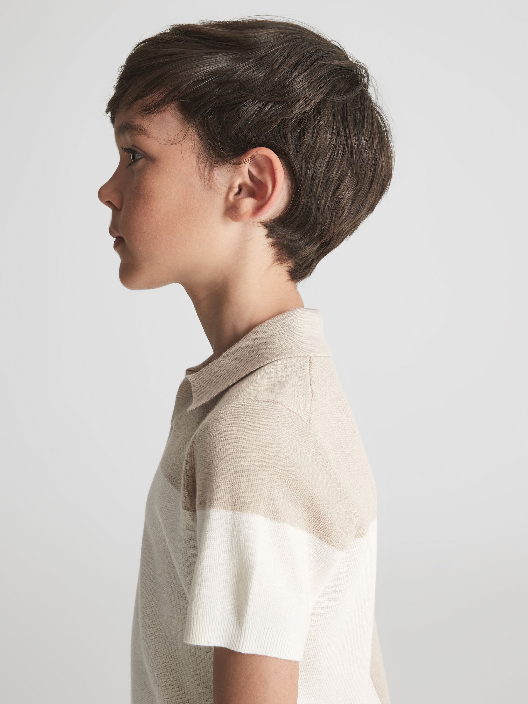 Senior Open Collar Colourblock Polo T-Shirt in Natural - Image 6 of 8