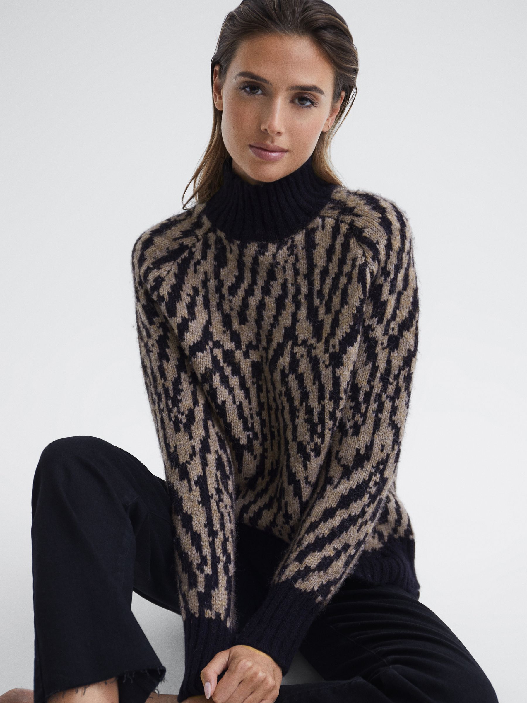 Animal Pattern Wool Blend Roll Neck Jumper in Black/Neutral - Image 1 of 6 Animal Pattern Wool Blend Roll Neck Jumper in Black/Neutral - Image 1 of 6