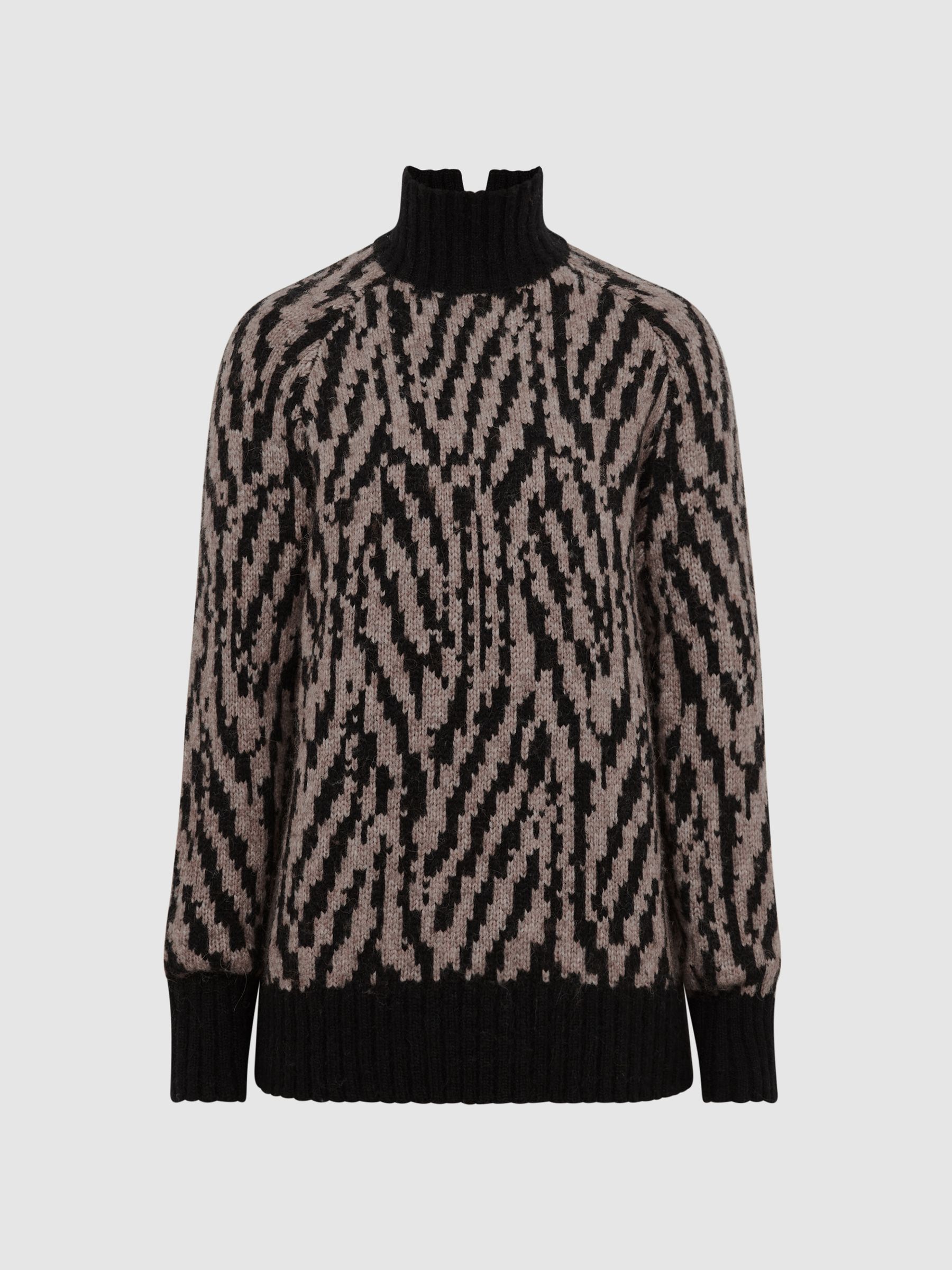 Animal Pattern Wool Blend Roll Neck Jumper in Black/Neutral - Image 2 of 6