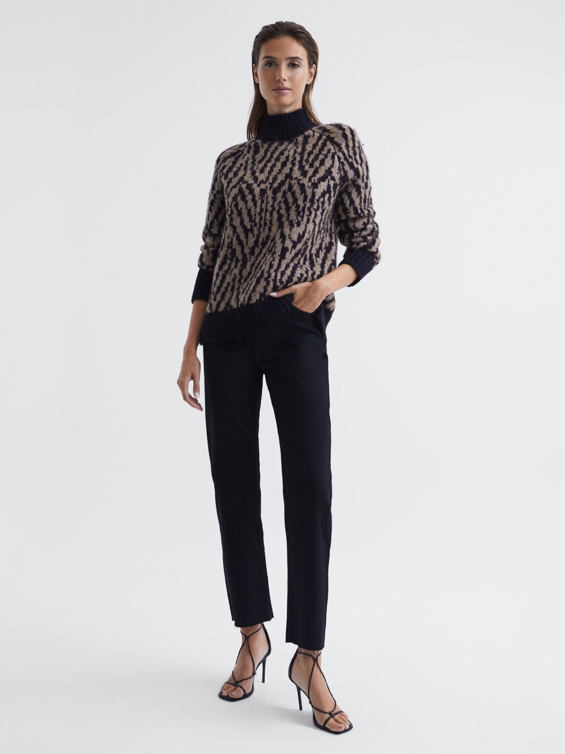 Animal Pattern Wool Blend Roll Neck Jumper in Black/Neutral - Image 3 of 6