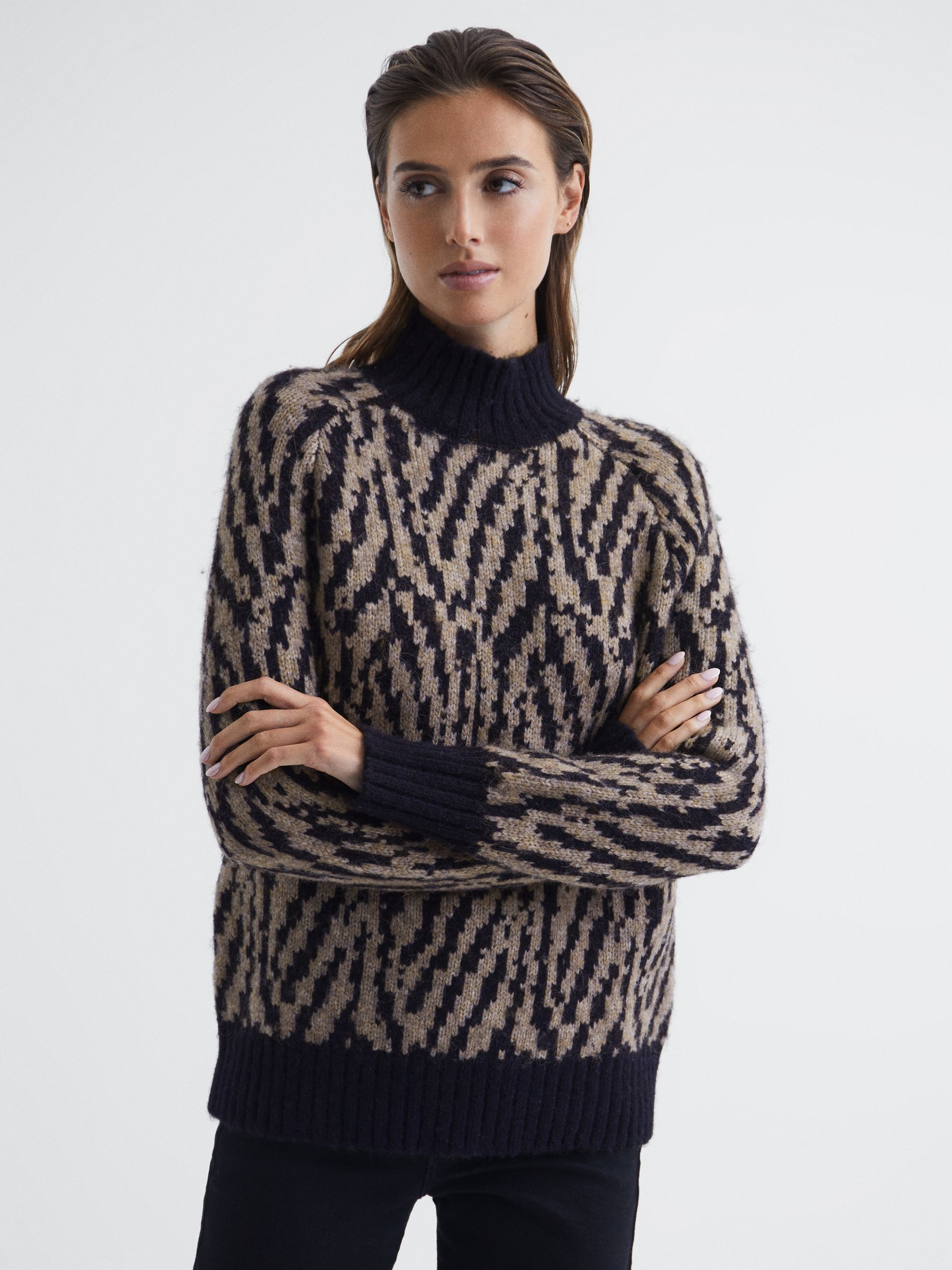Animal Pattern Wool Blend Roll Neck Jumper in Black/Neutral - Image 4 of 6