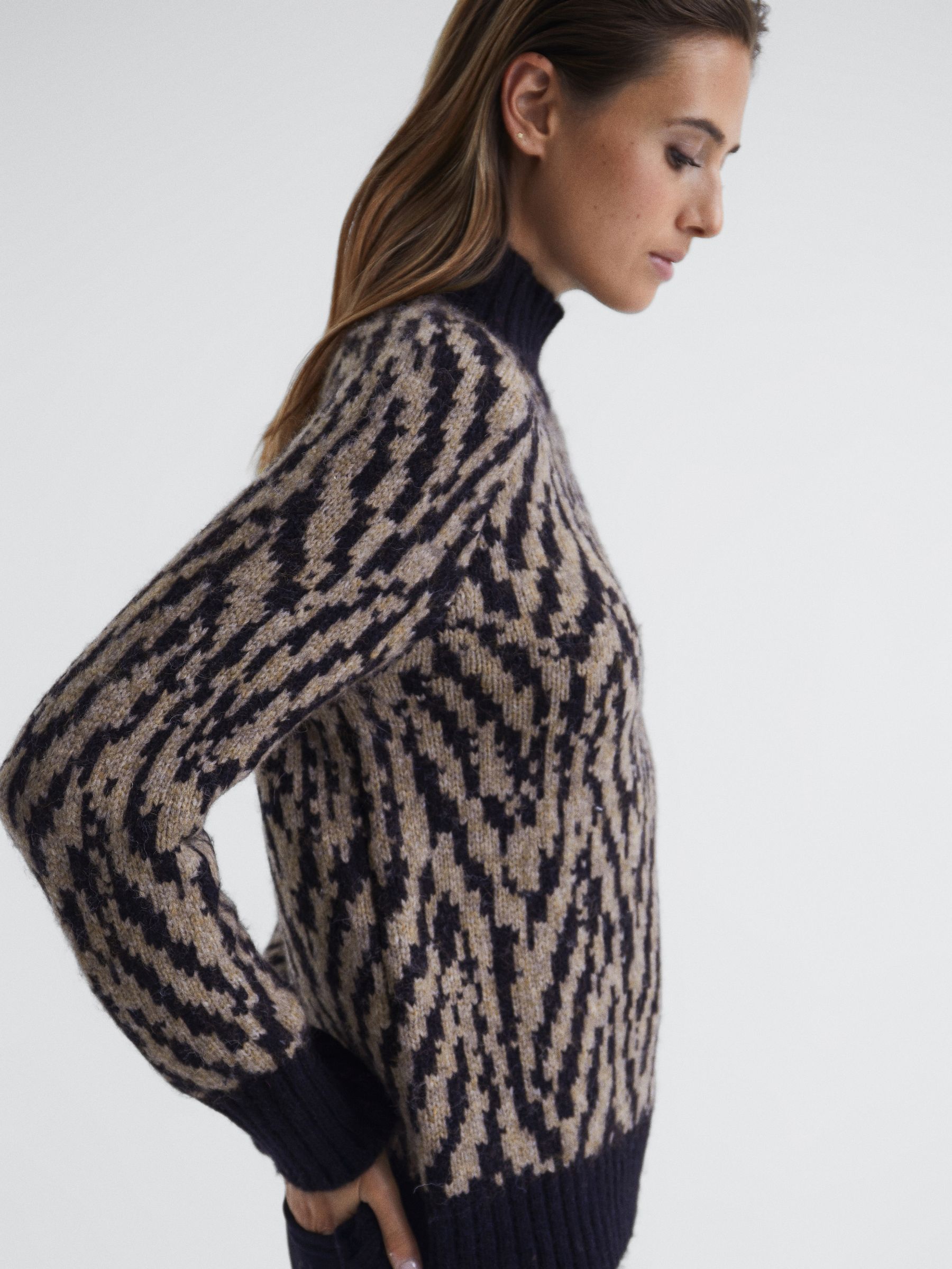 Animal Pattern Wool Blend Roll Neck Jumper in Black/Neutral - Image 6 of 6