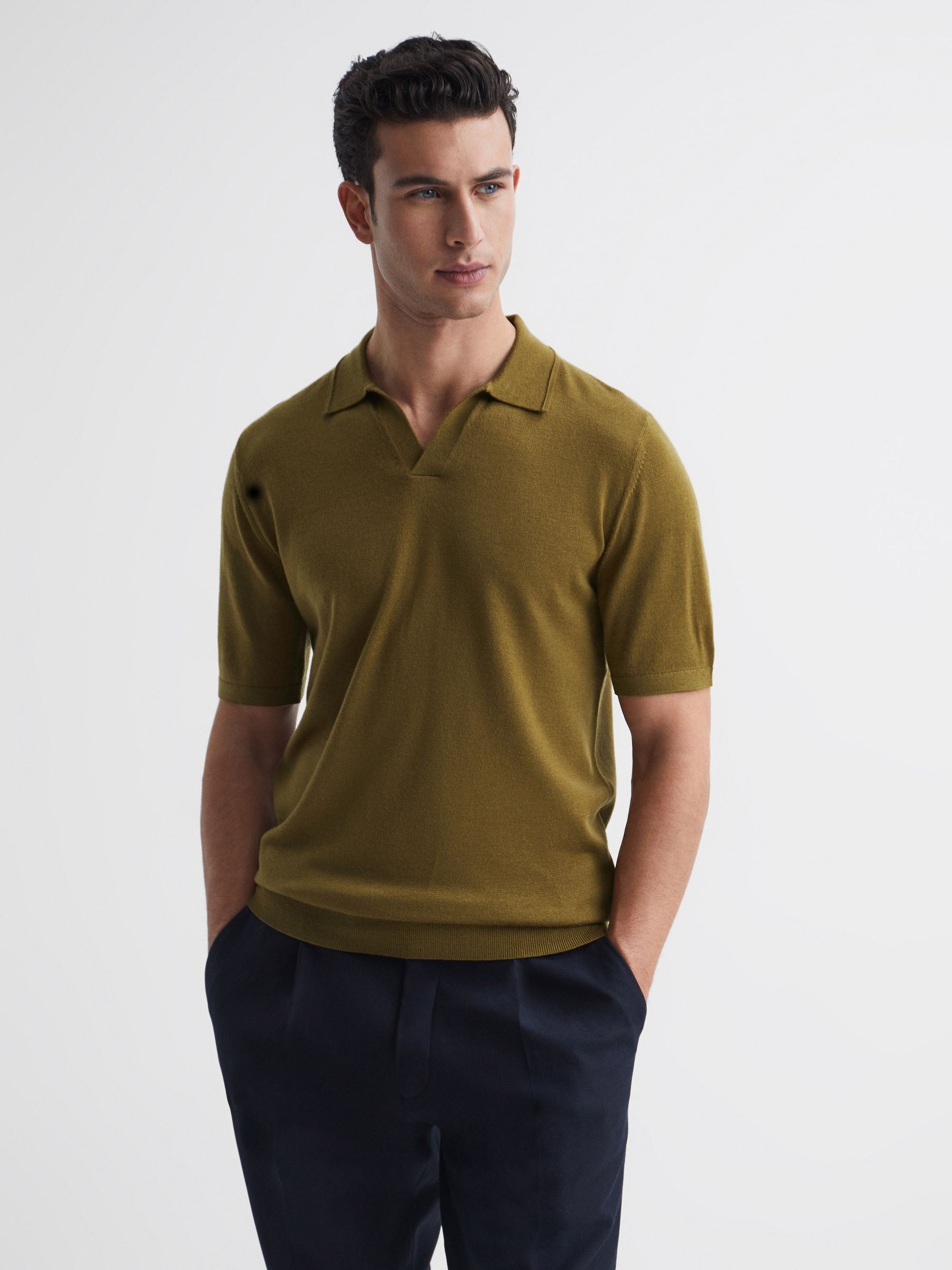 Merino Wool Open Collar Polo Shirt in Bronze Green - Image 1 of 6
