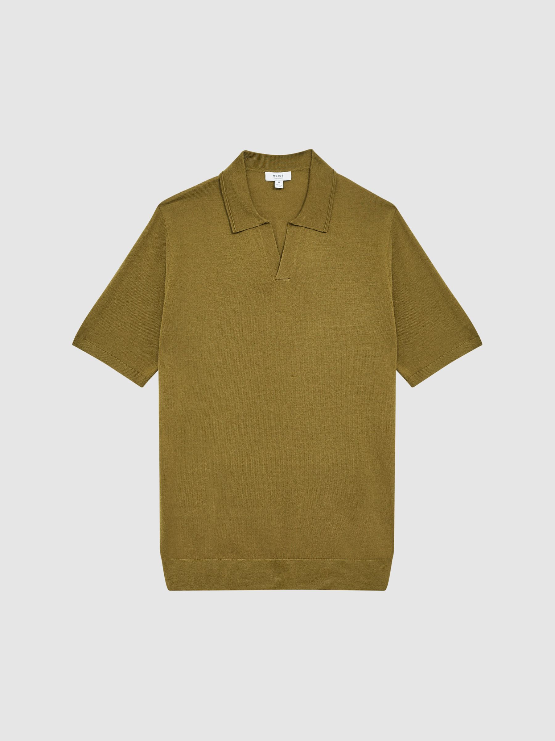 Merino Wool Open Collar Polo Shirt in Bronze Green - Image 2 of 6