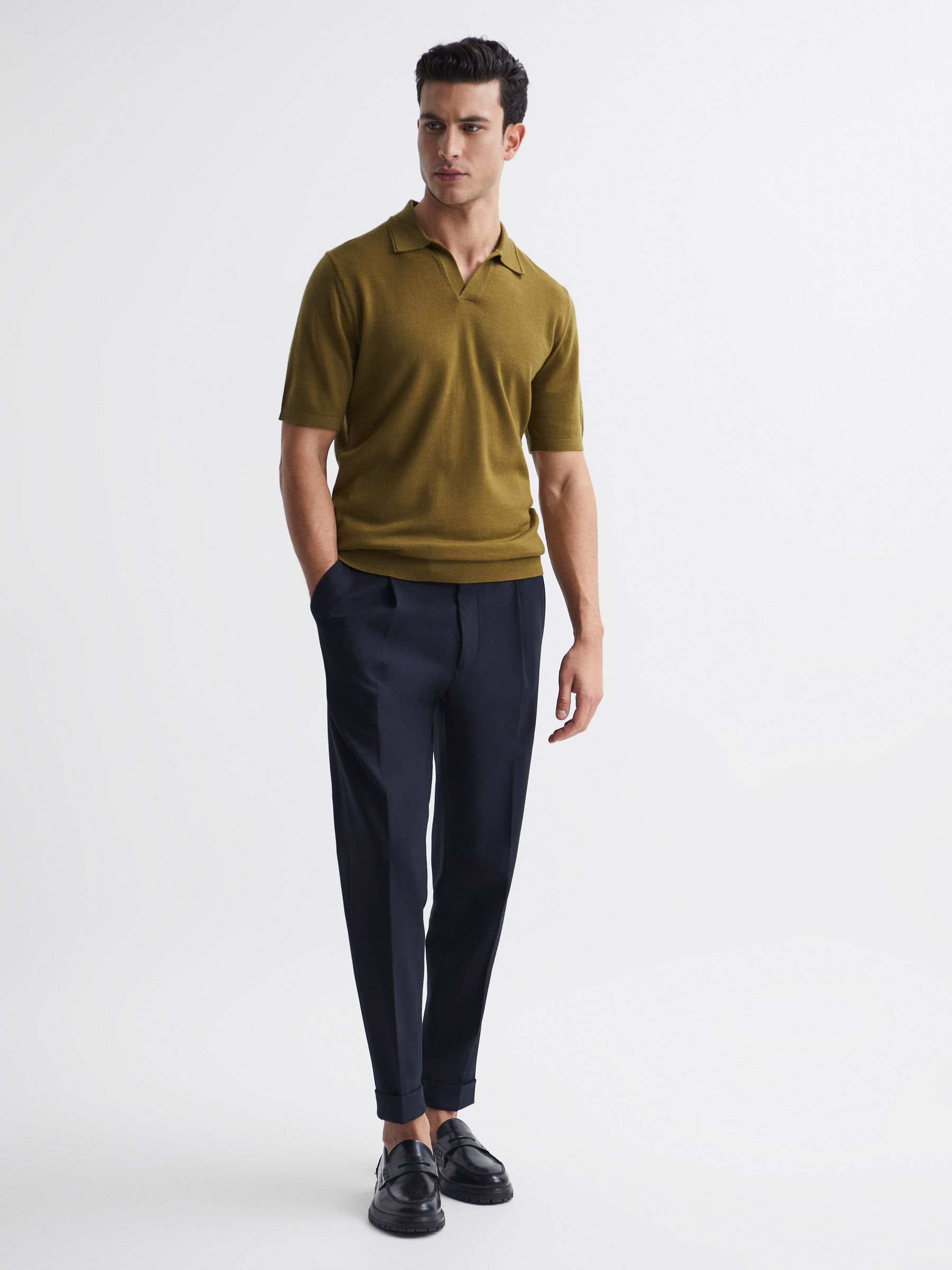 Merino Wool Open Collar Polo Shirt in Bronze Green - Image 3 of 6