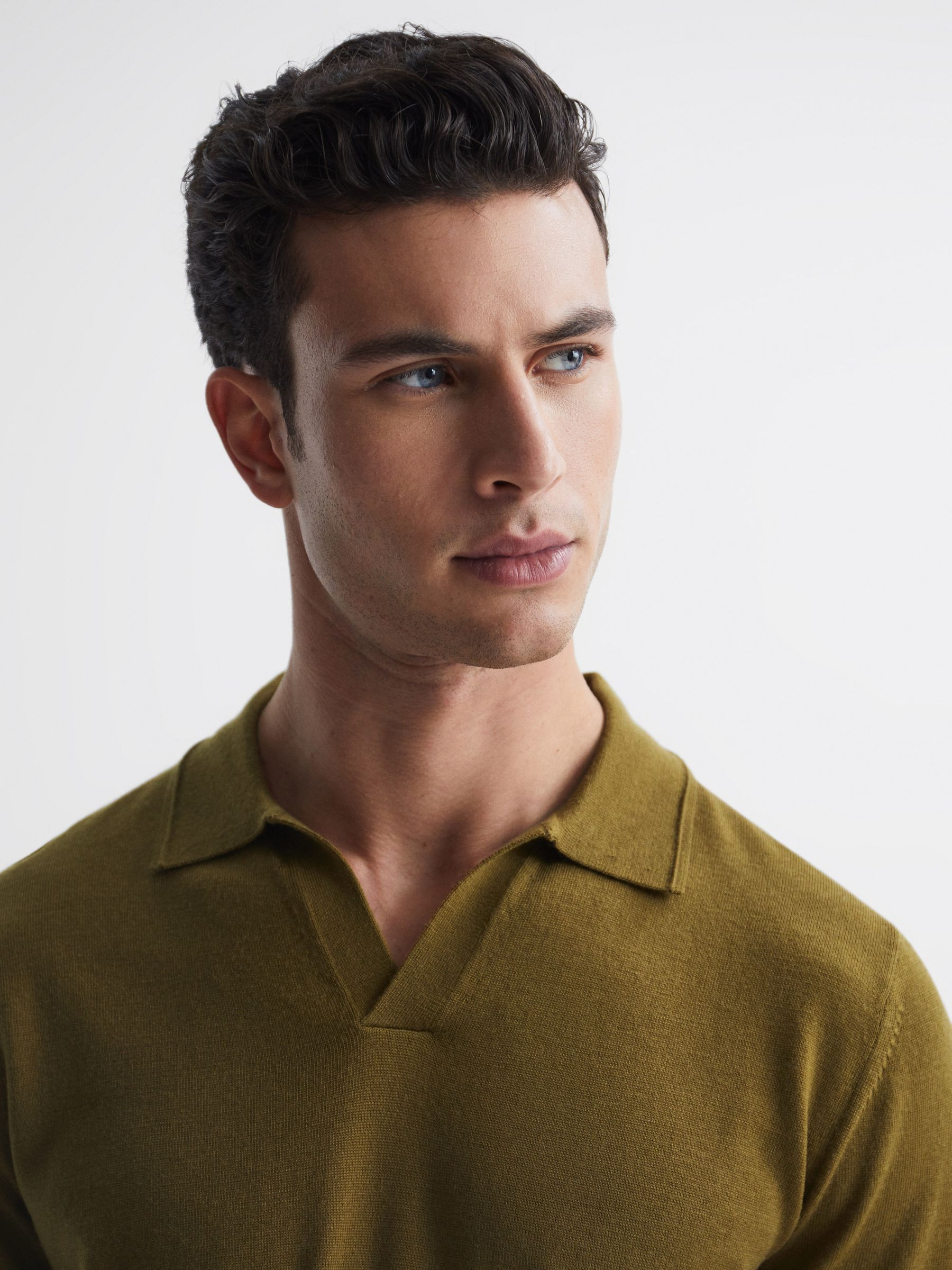 Merino Wool Open Collar Polo Shirt in Bronze Green - Image 4 of 6