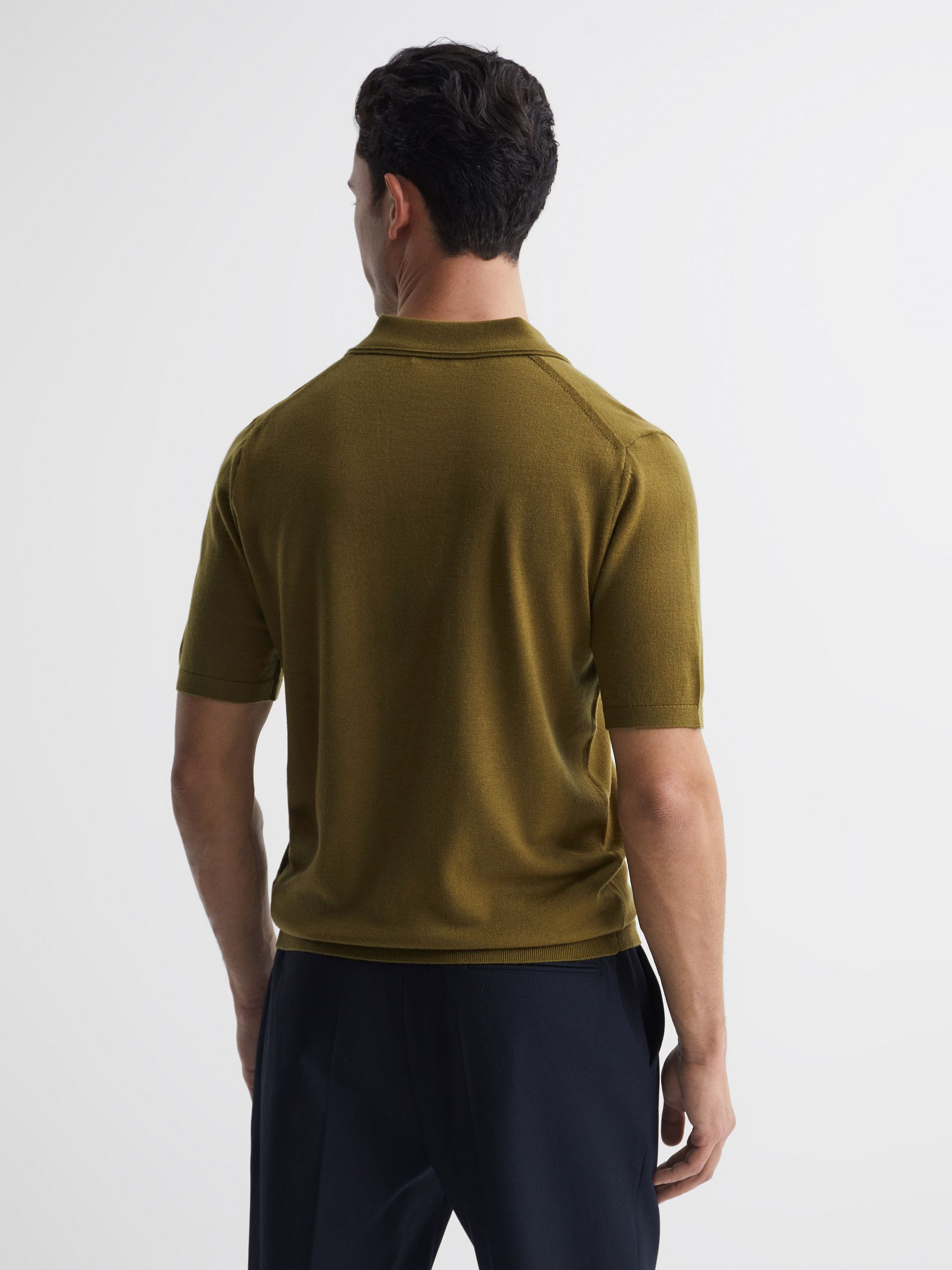 Merino Wool Open Collar Polo Shirt in Bronze Green - Image 5 of 6