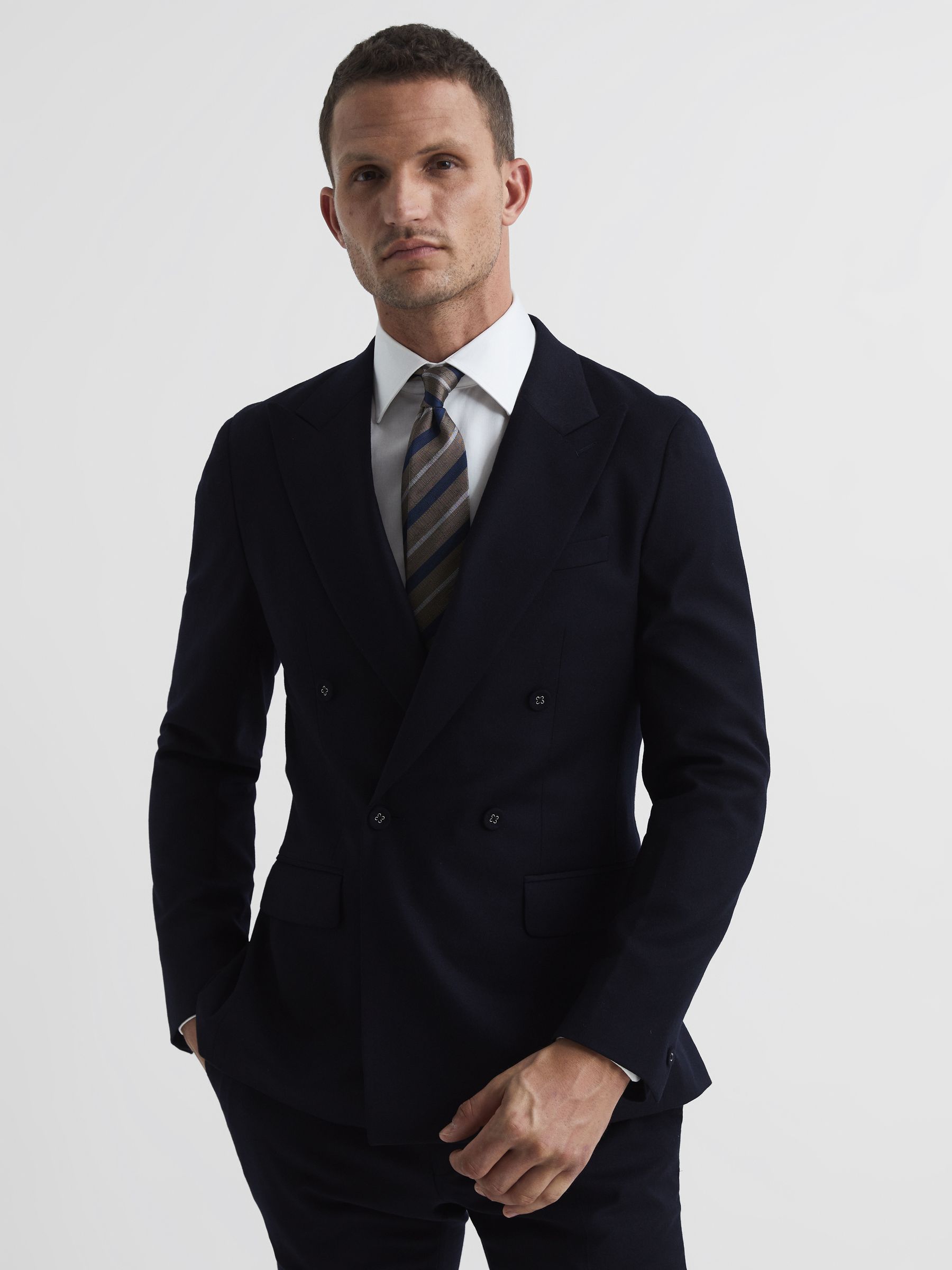 Belford Navy Double Breasted Wool Blend Slim Fit Blazer - Image 1 of 11