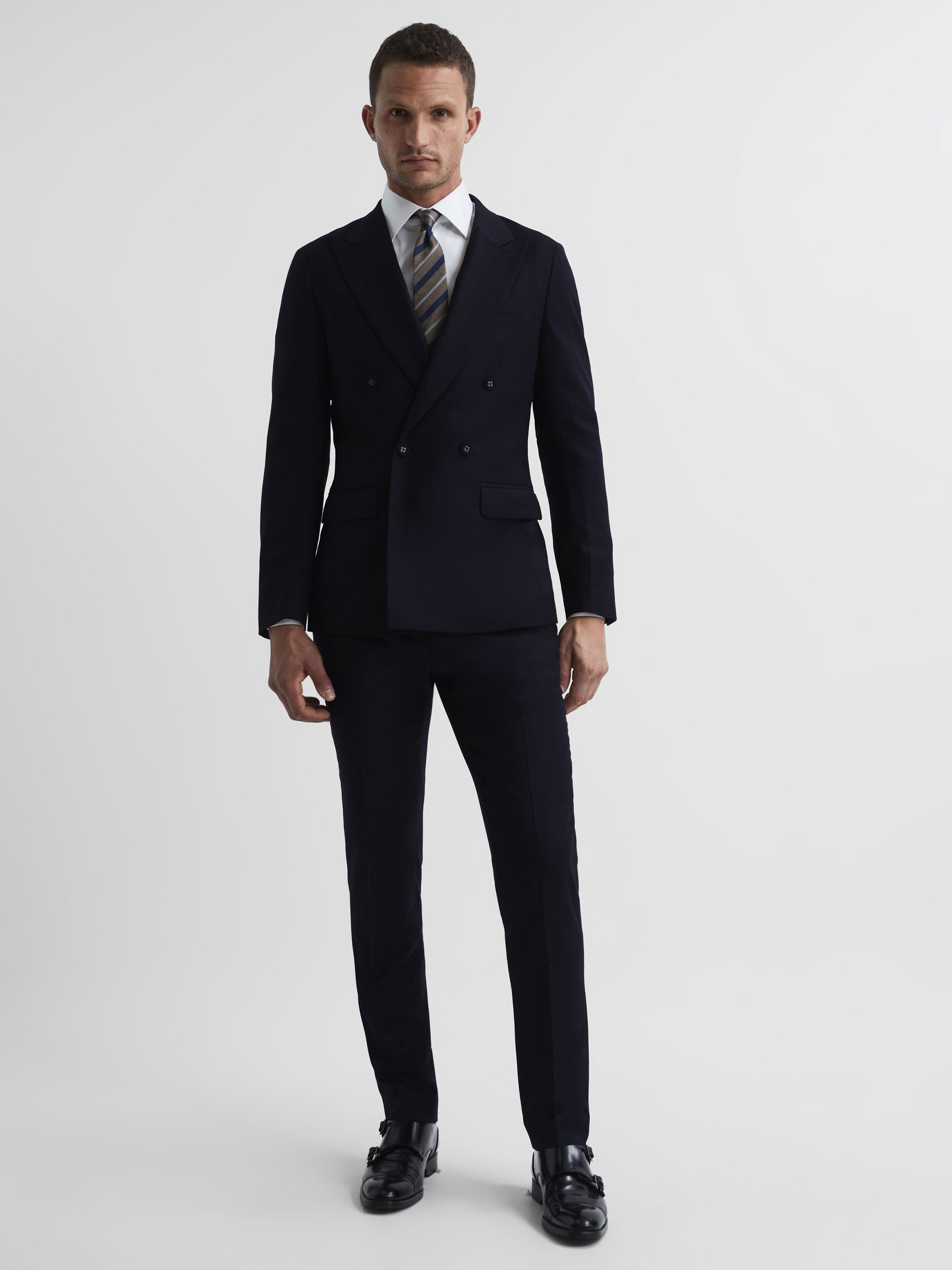 Belford Navy Double Breasted Wool Blend Slim Fit Blazer - Image 3 of 11