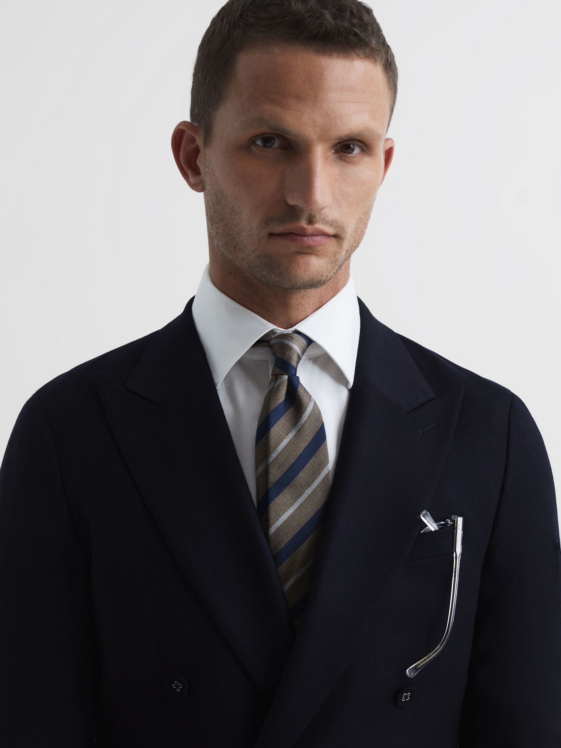 Belford Navy Double Breasted Wool Blend Slim Fit Blazer - Image 7 of 11