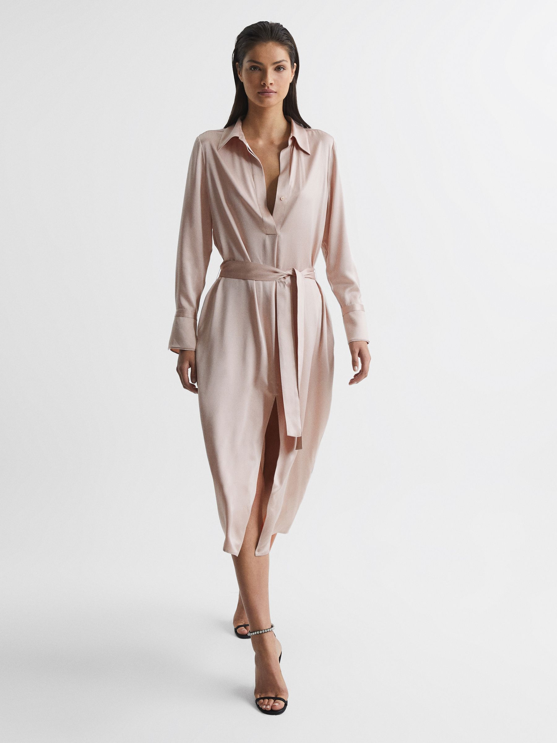 Silk Shirt Dress in Nude - Image 1 of 7