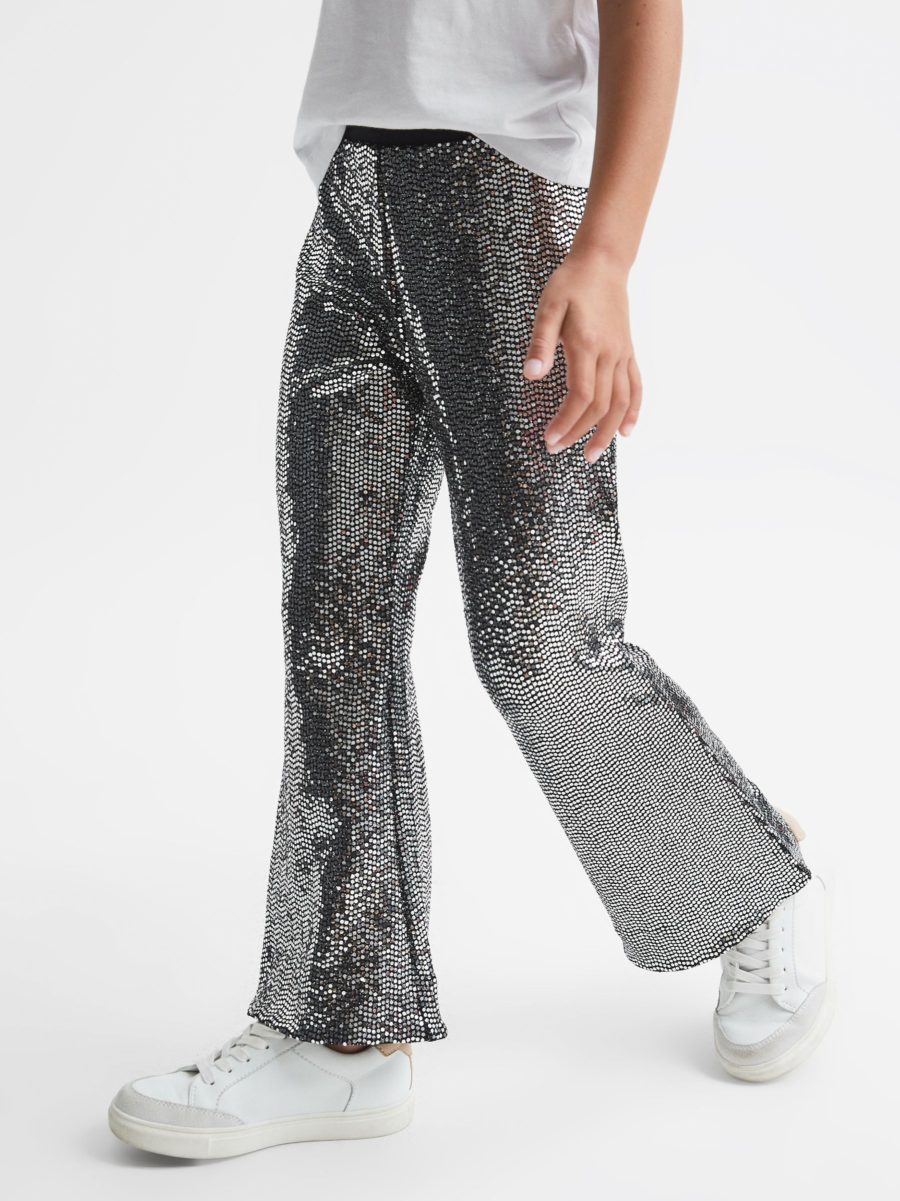 Senior Sequin Flare Occasion Trousers in Silver - Image 1 of 7 Senior Sequin Flare Occasion Trousers in Silver - Image 1 of 7