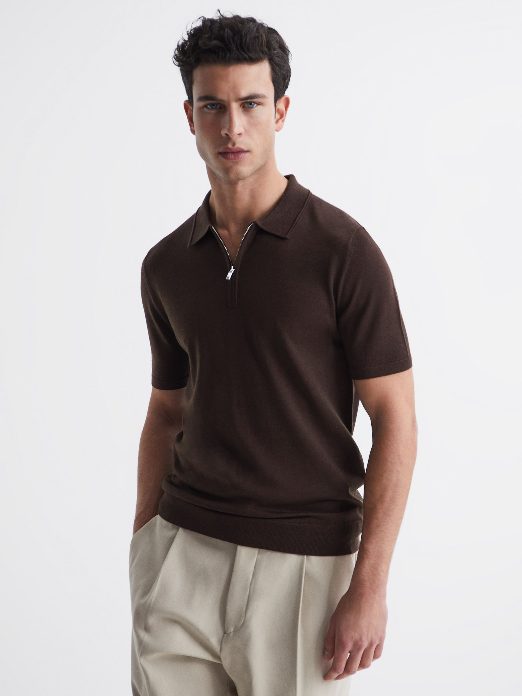 Merino Wool Half-Zip Polo Shirt in Bitter Chocolate - Image 1 of 6