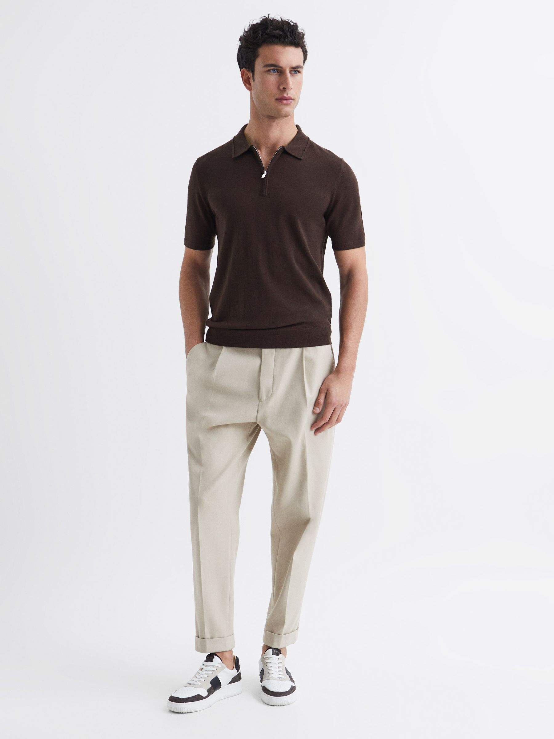 Merino Wool Half-Zip Polo Shirt in Bitter Chocolate - Image 3 of 6