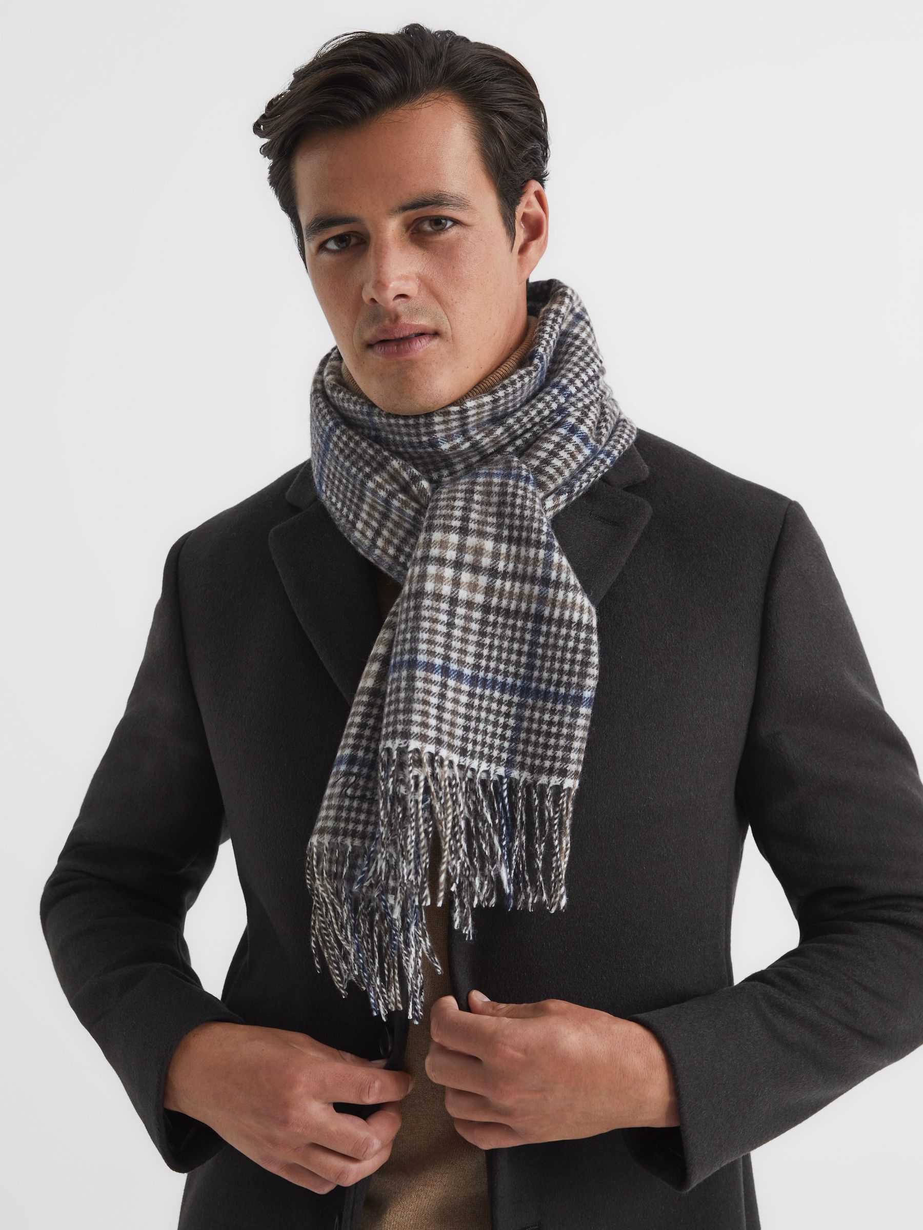 Wool and Cashmere Blend Check Scarf in Monochrome - Image 2 of 4