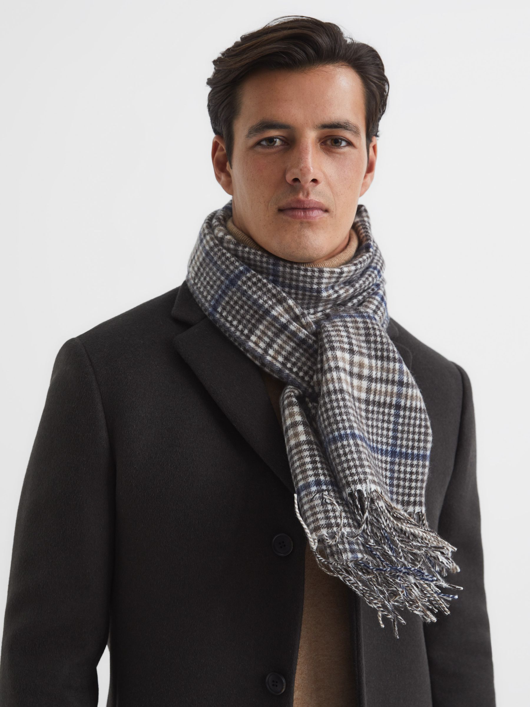 Wool and Cashmere Blend Check Scarf in Monochrome - Image 3 of 4