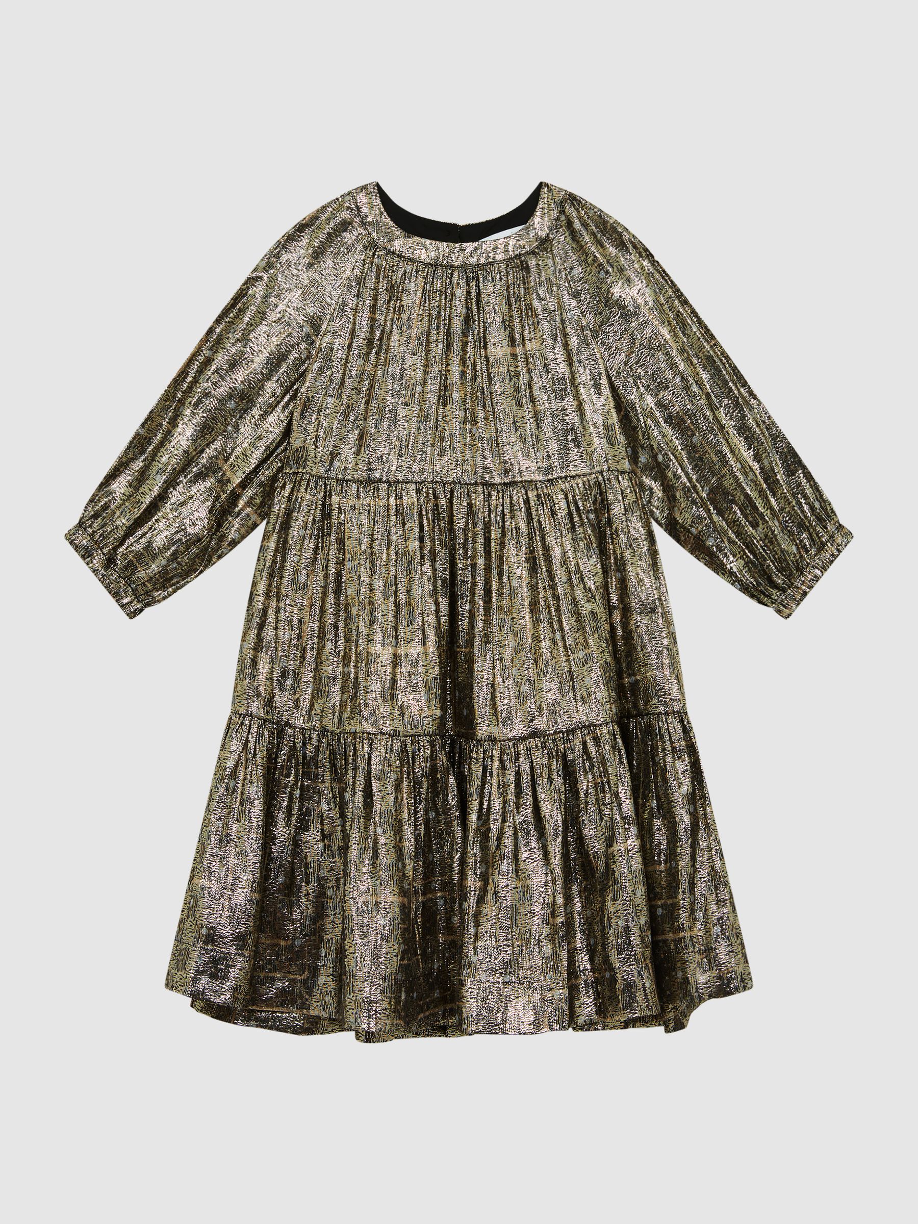 Junior Metallic Tiered Smock Dress in Gold - Image 2 of 8