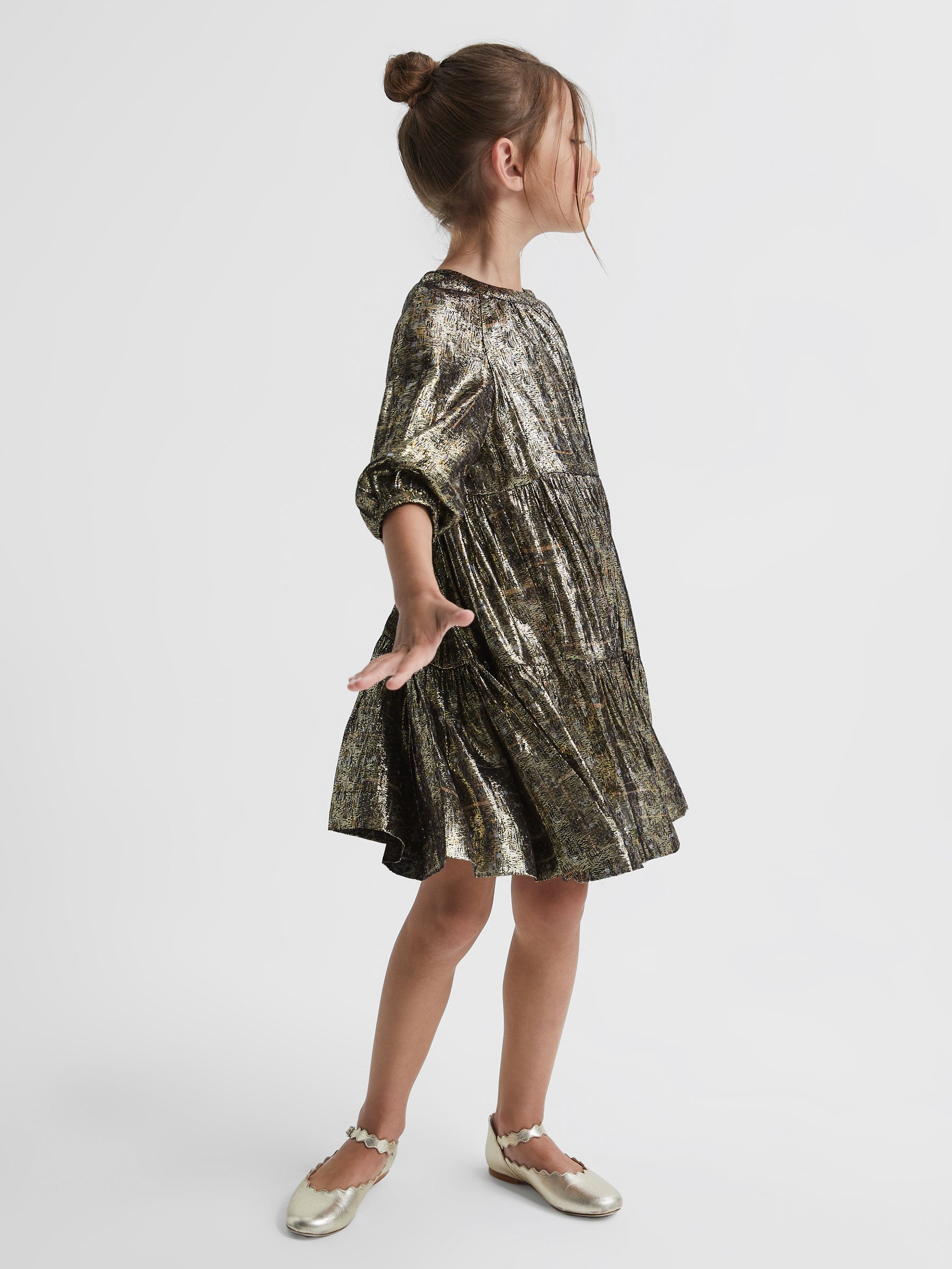 Junior Metallic Tiered Smock Dress in Gold - Image 3 of 8
