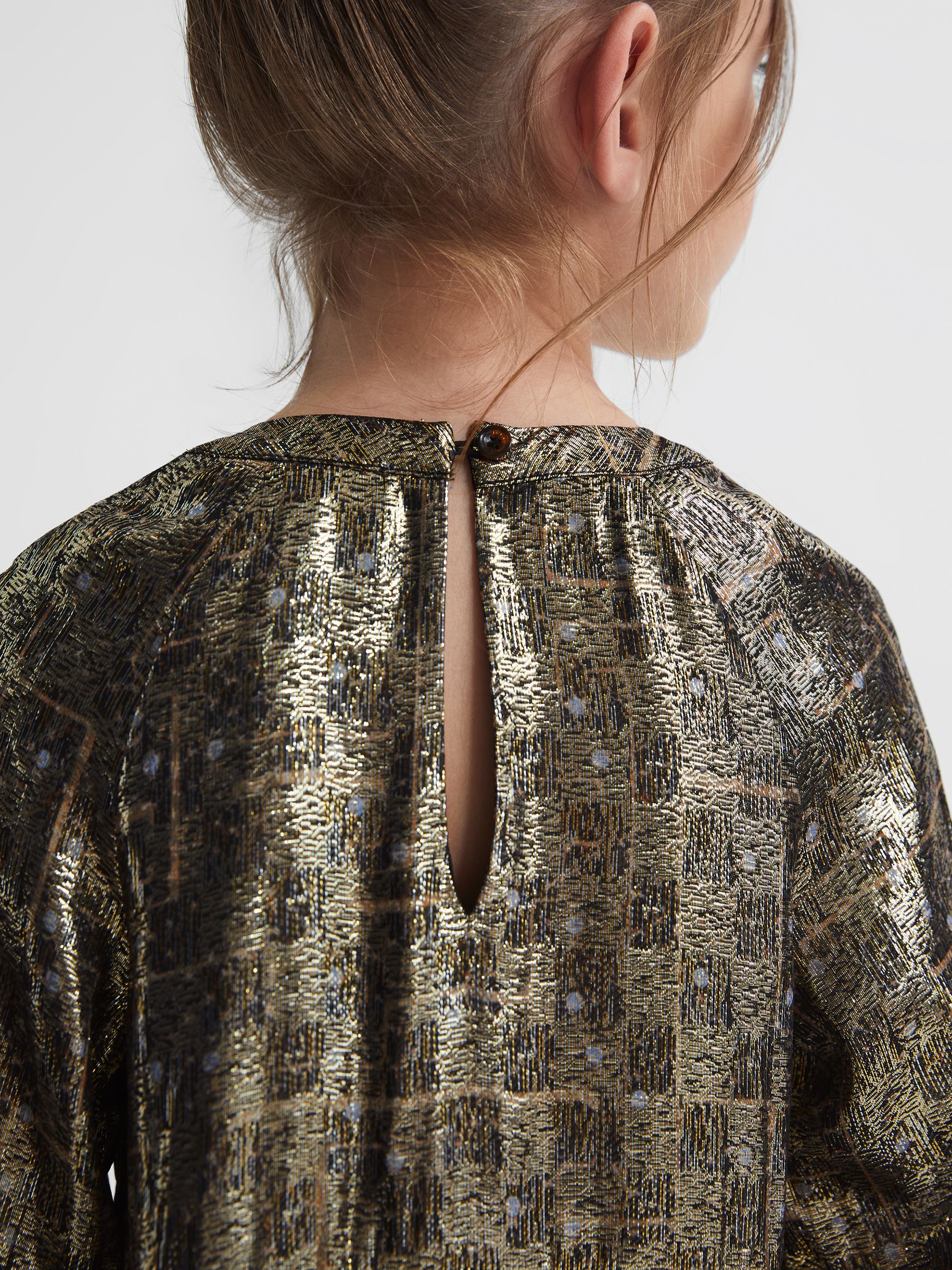 Junior Metallic Tiered Smock Dress in Gold - Image 4 of 8