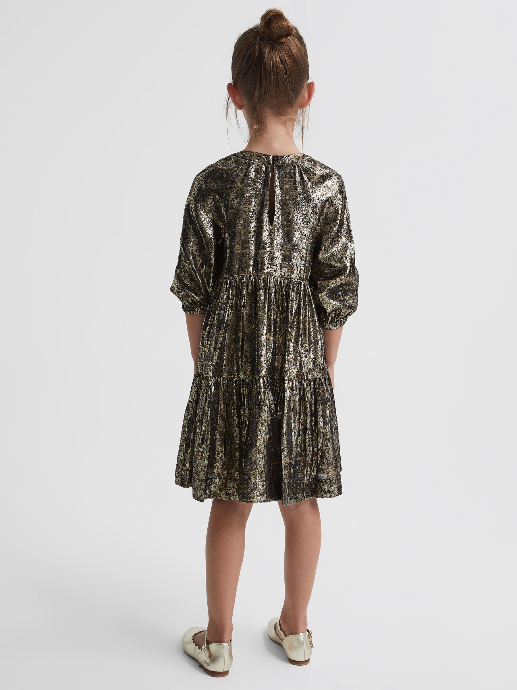 Junior Metallic Tiered Smock Dress in Gold - Image 5 of 8