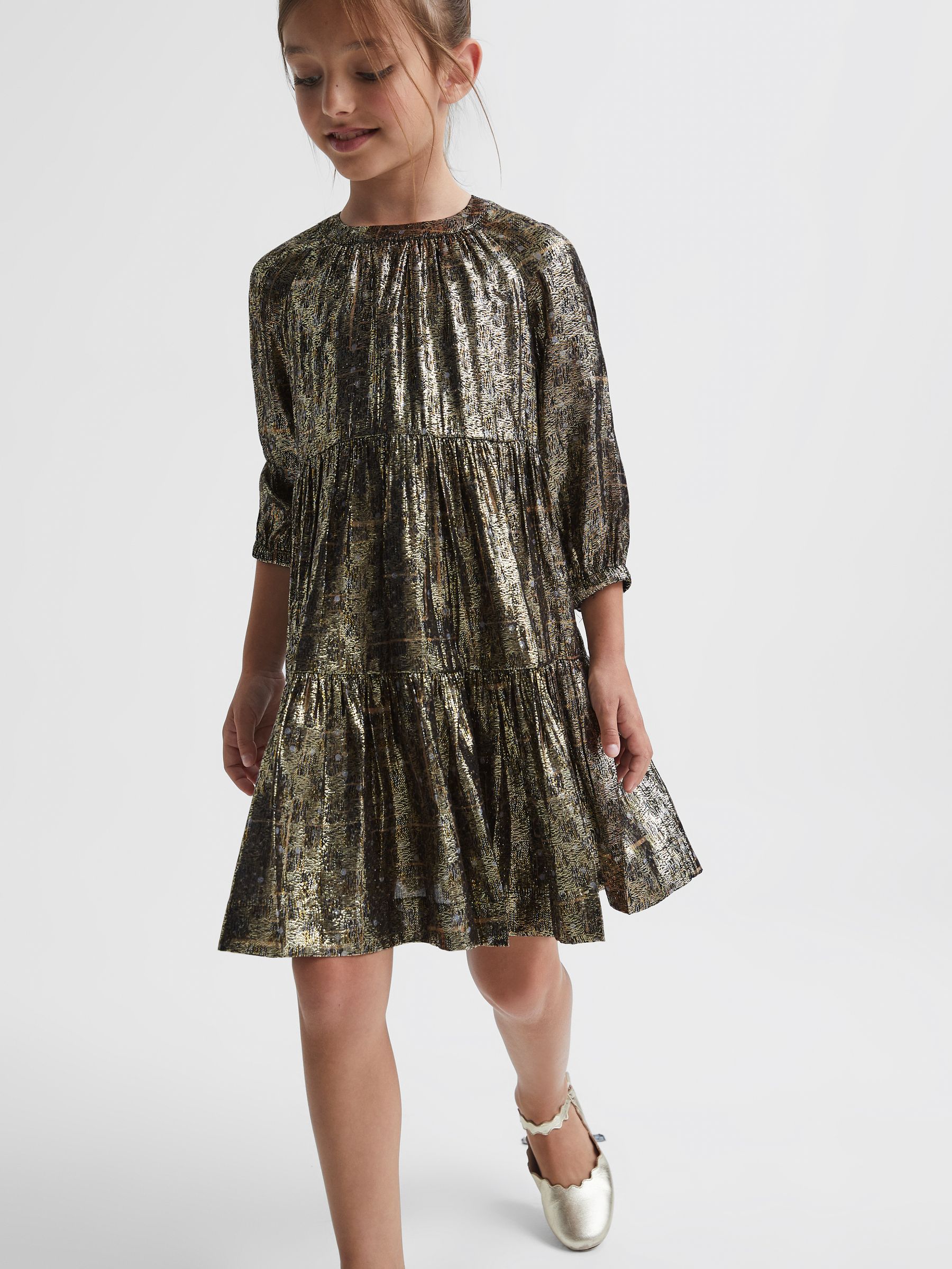 Junior Metallic Tiered Smock Dress in Gold - Image 6 of 8