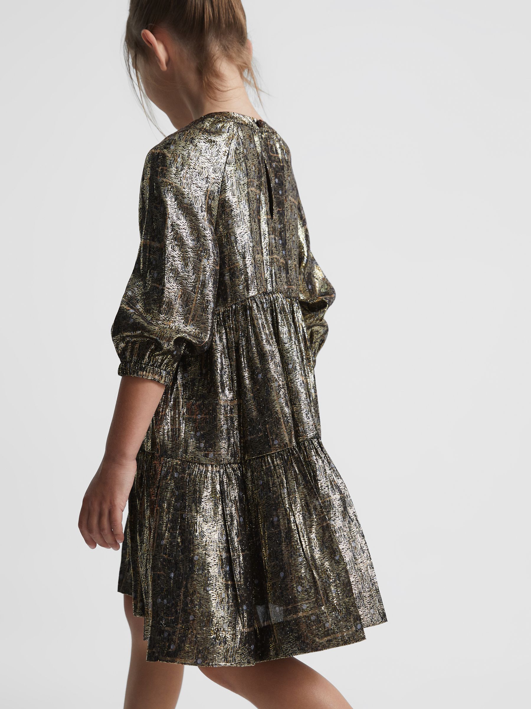 Junior Metallic Tiered Smock Dress in Gold - Image 7 of 8