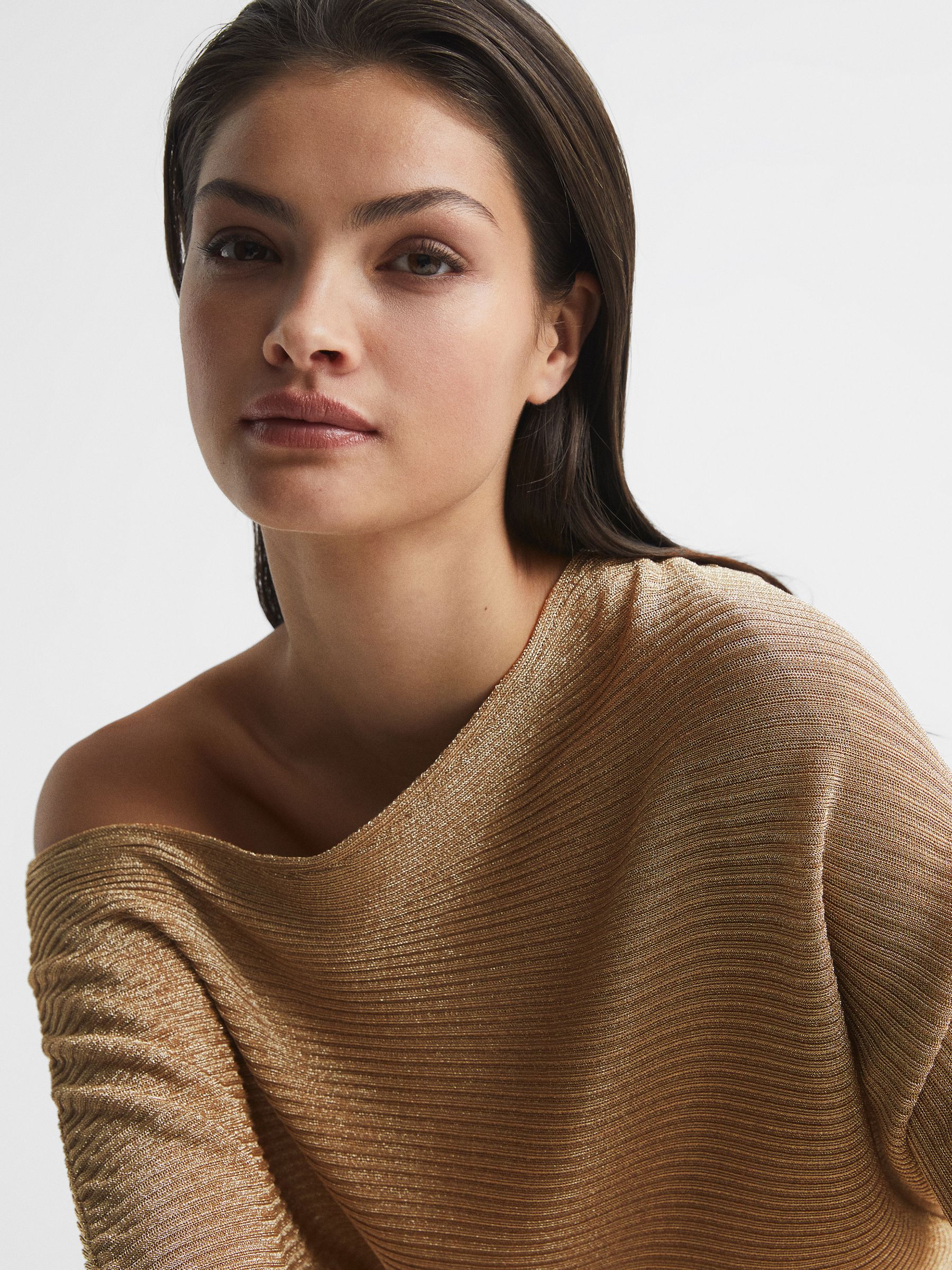 Asymmetric Drape Knitted Top in Gold - Image 4 of 5