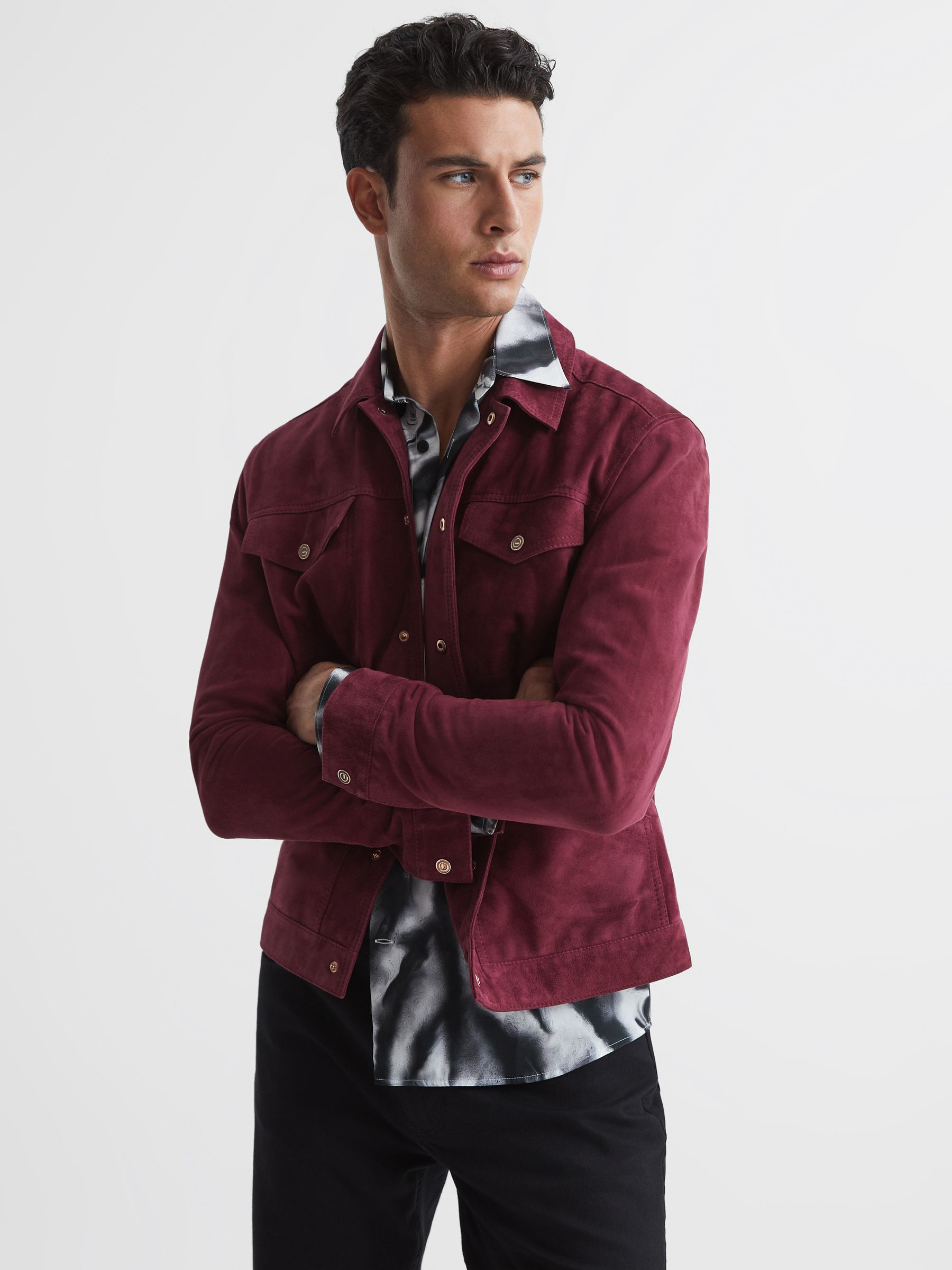 Press Stud Suede Trucker Jacket in Bright Rose - Image 1 of 5