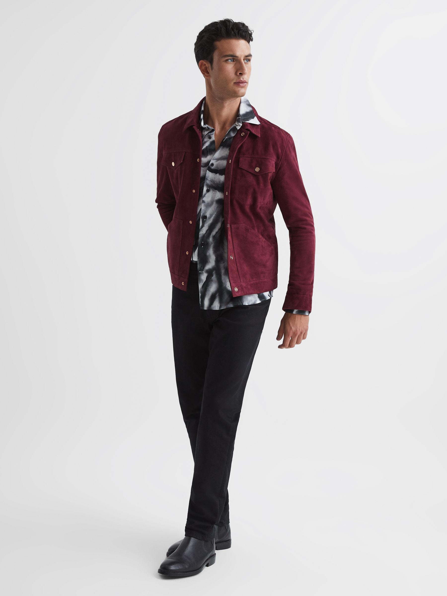 Press Stud Suede Trucker Jacket in Bright Rose - Image 3 of 5