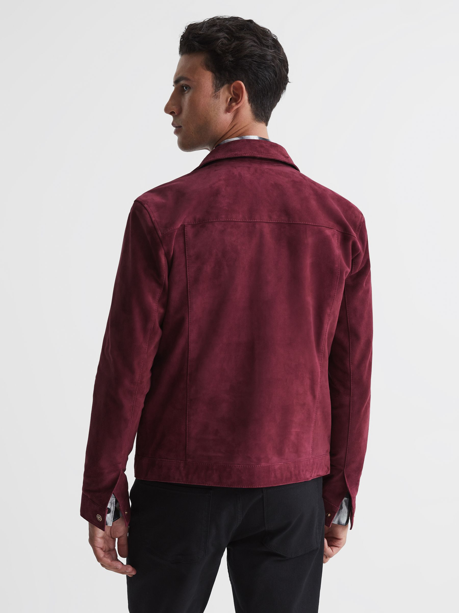 Press Stud Suede Trucker Jacket in Bright Rose - Image 5 of 5