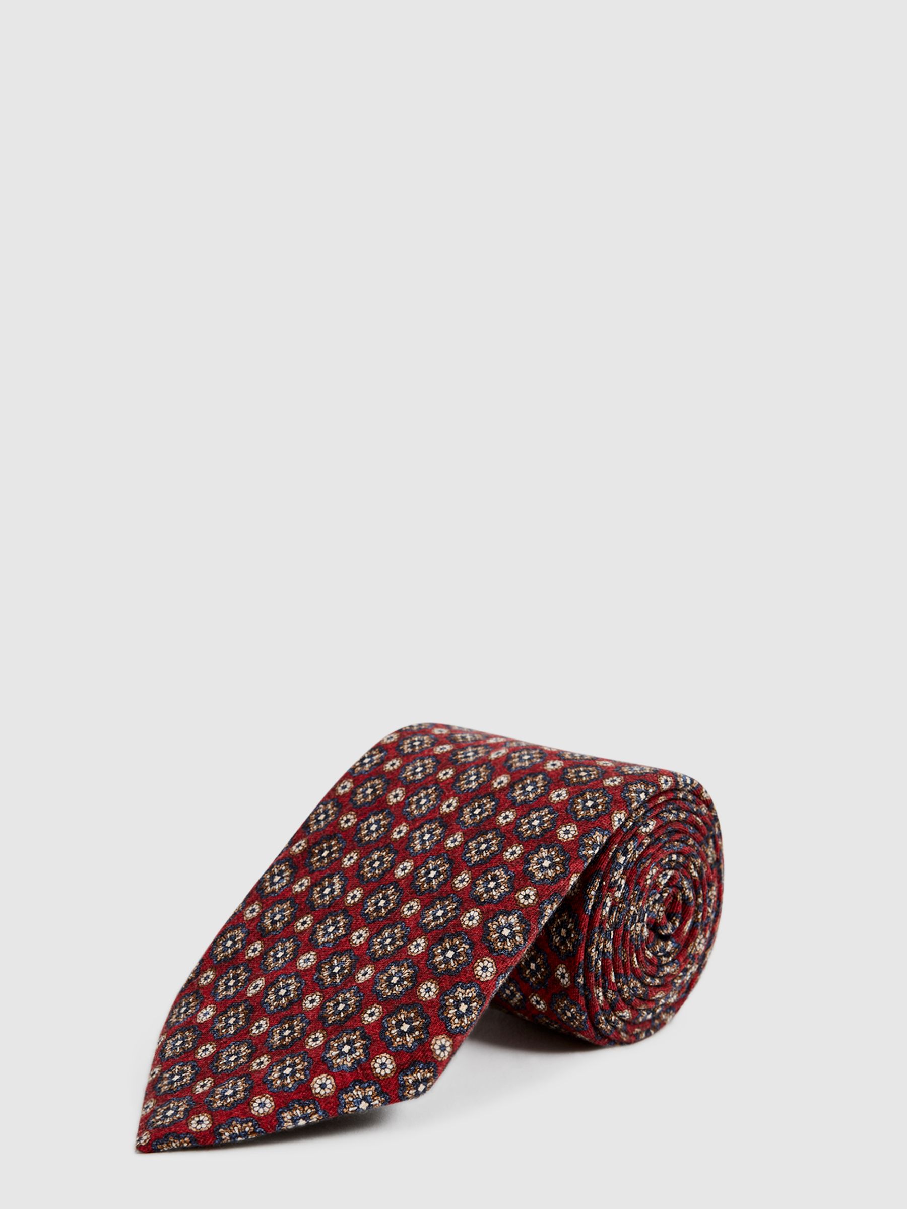 Wool-Cotton Blend Medallion Print Tie in Red - Image 1 of 5 Wool-Cotton Blend Medallion Print Tie in Red - Image 1 of 5