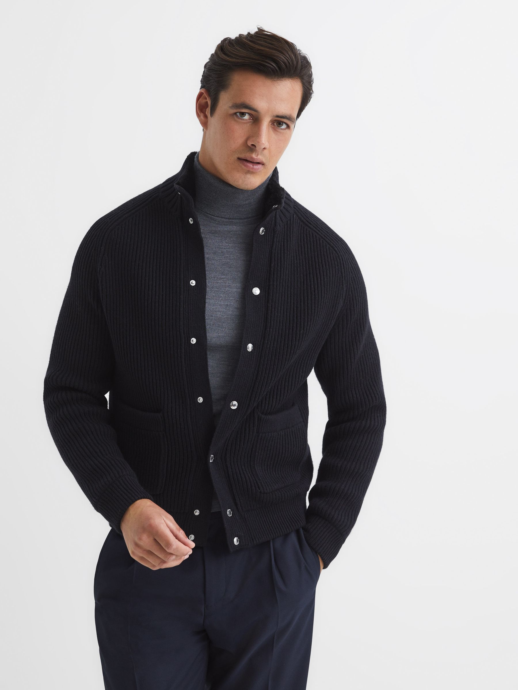 Press Stud Ribbed Cardigan in Navy - Image 1 of 7 Press Stud Ribbed Cardigan in Navy - Image 1 of 7