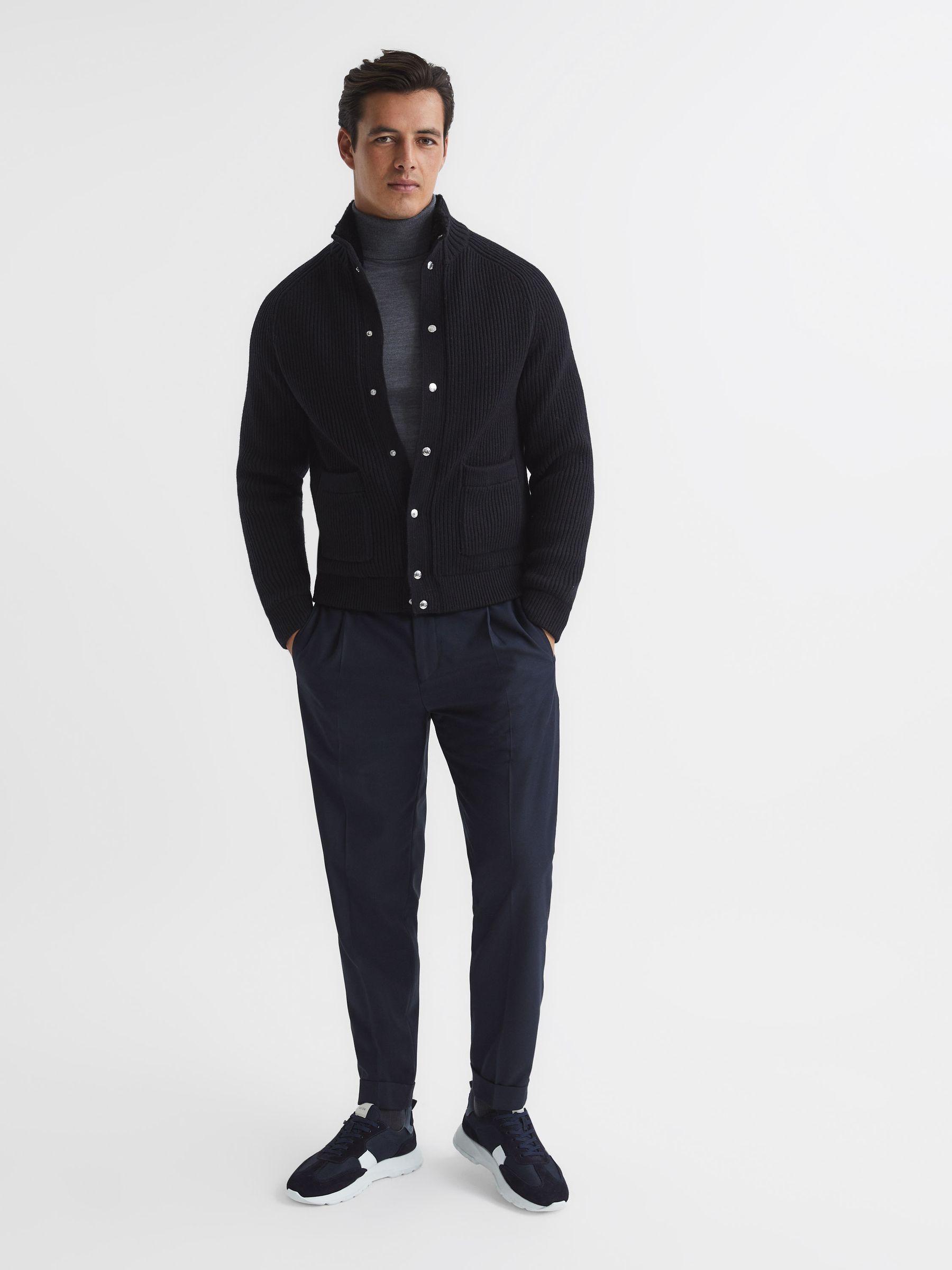 Press Stud Ribbed Cardigan in Navy - Image 3 of 7