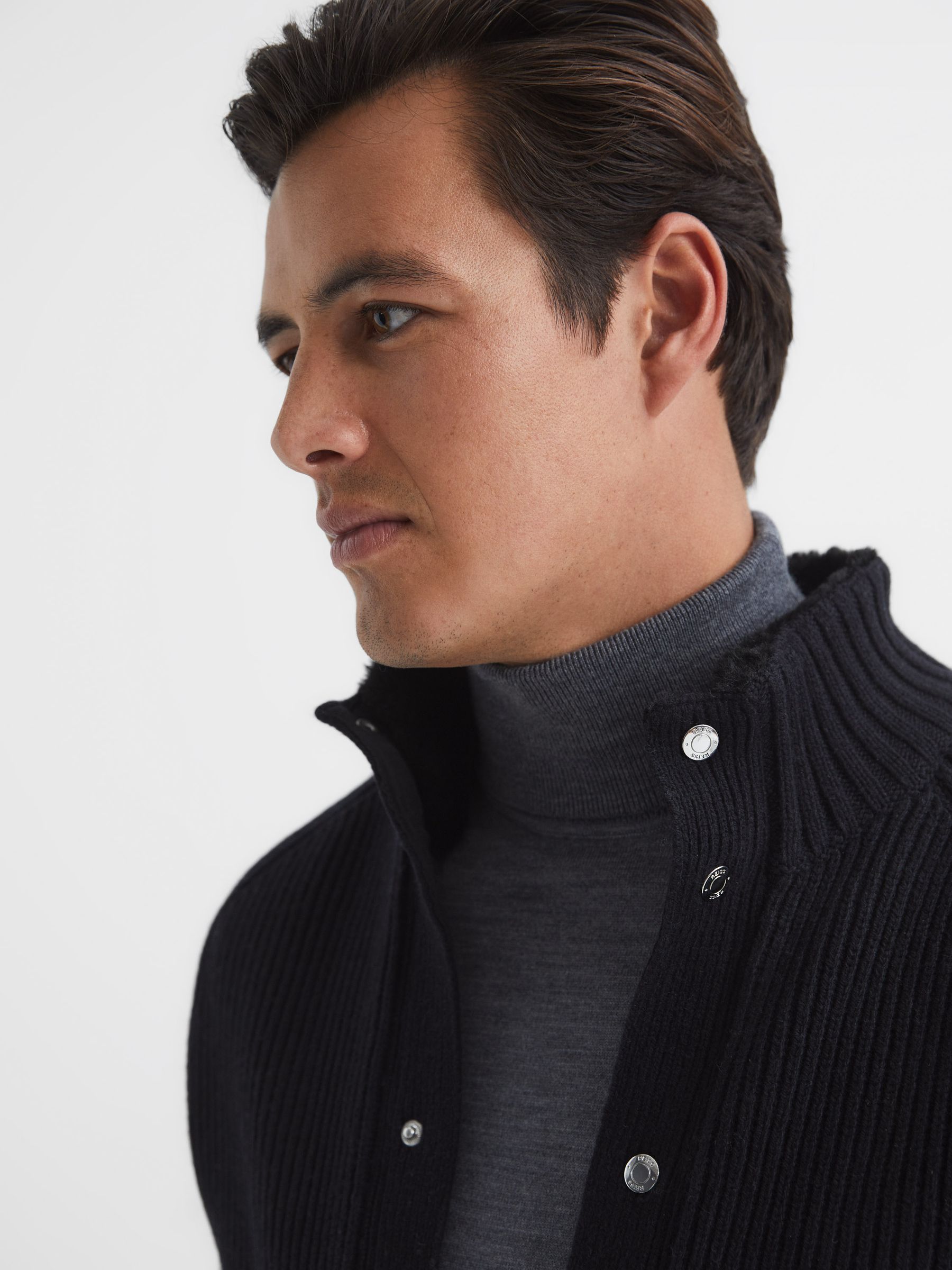Press Stud Ribbed Cardigan in Navy - Image 4 of 7