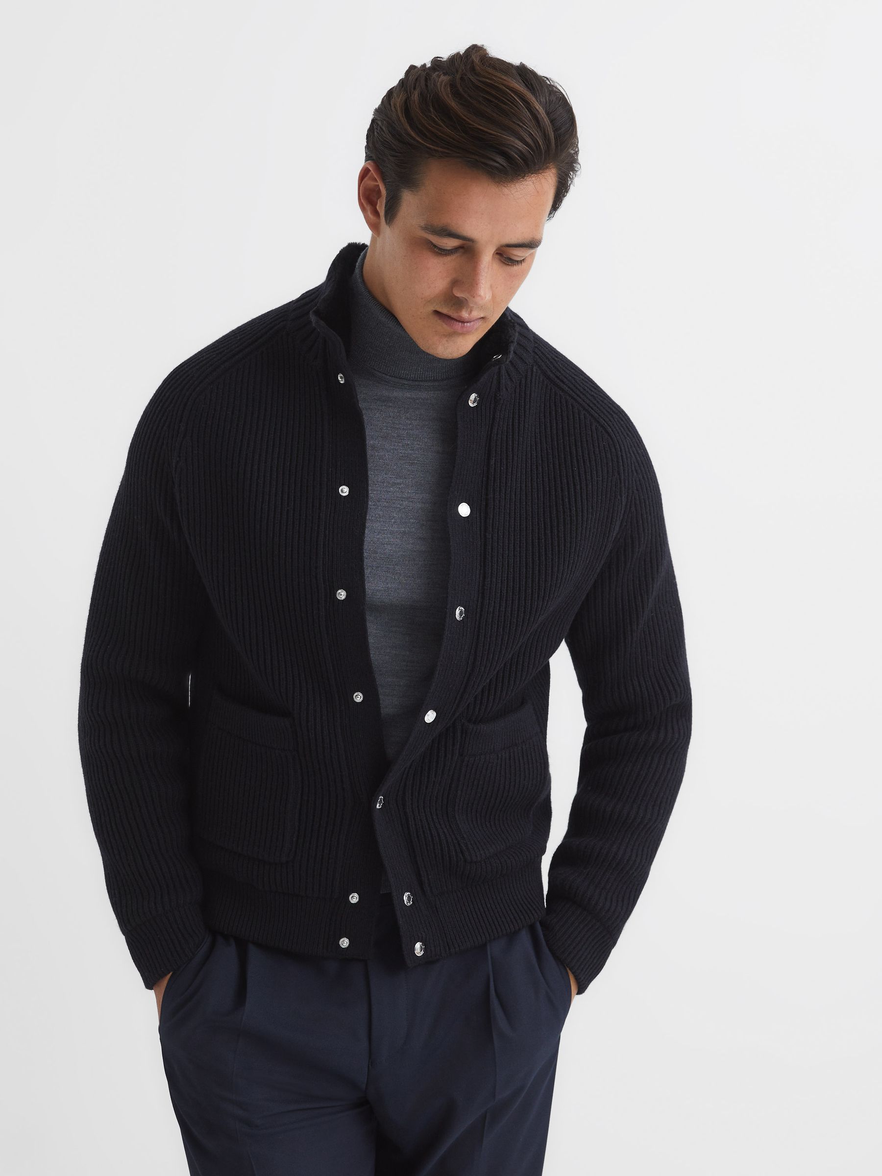 Press Stud Ribbed Cardigan in Navy - Image 6 of 7