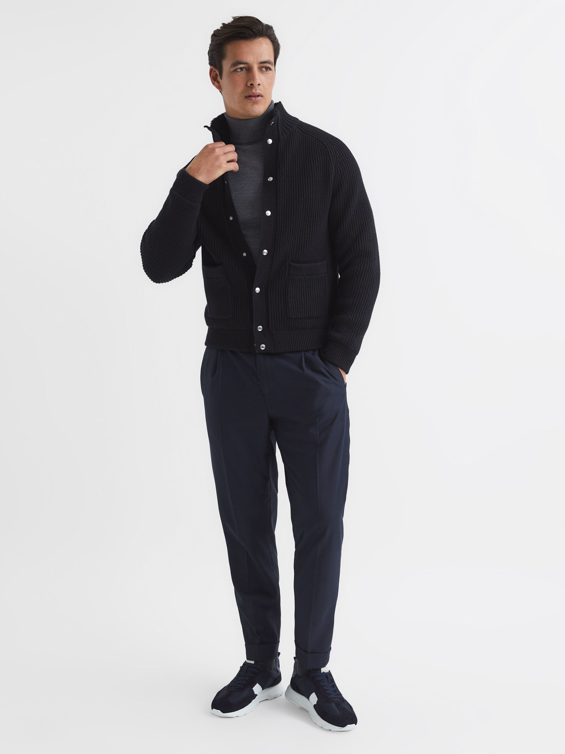 Press Stud Ribbed Cardigan in Navy - Image 7 of 7