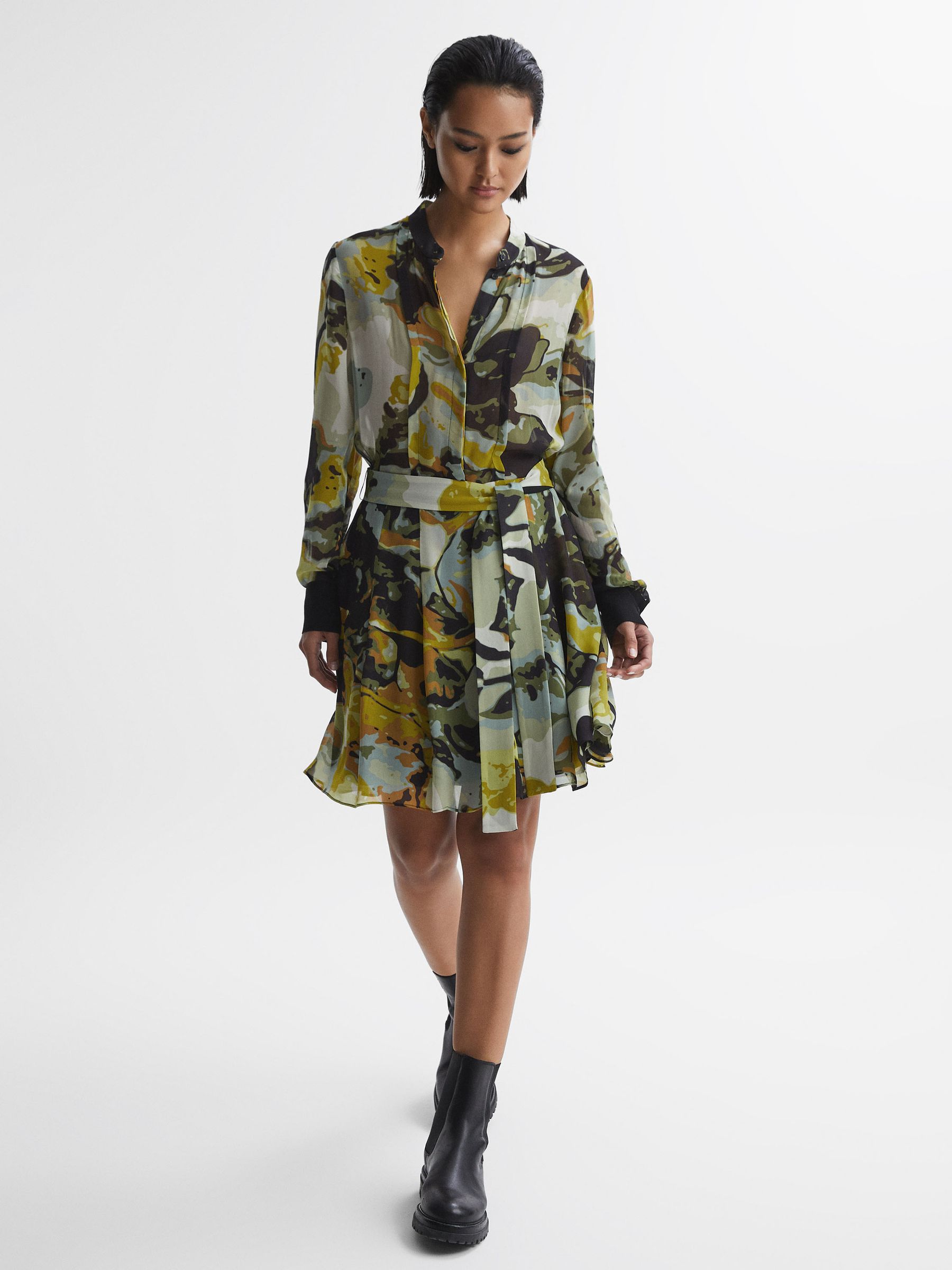 Floral Print Belted Mini Dress in Khaki - Image 1 of 5 Floral Print Belted Mini Dress in Khaki - Image 1 of 5