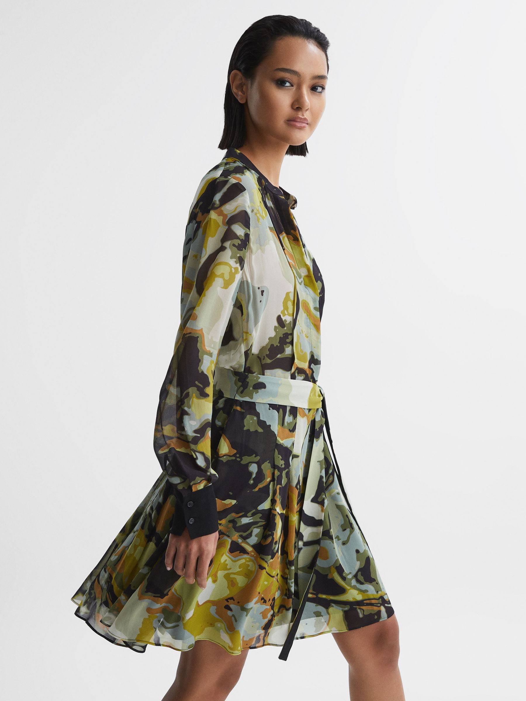 Floral Print Belted Mini Dress in Khaki - Image 3 of 5